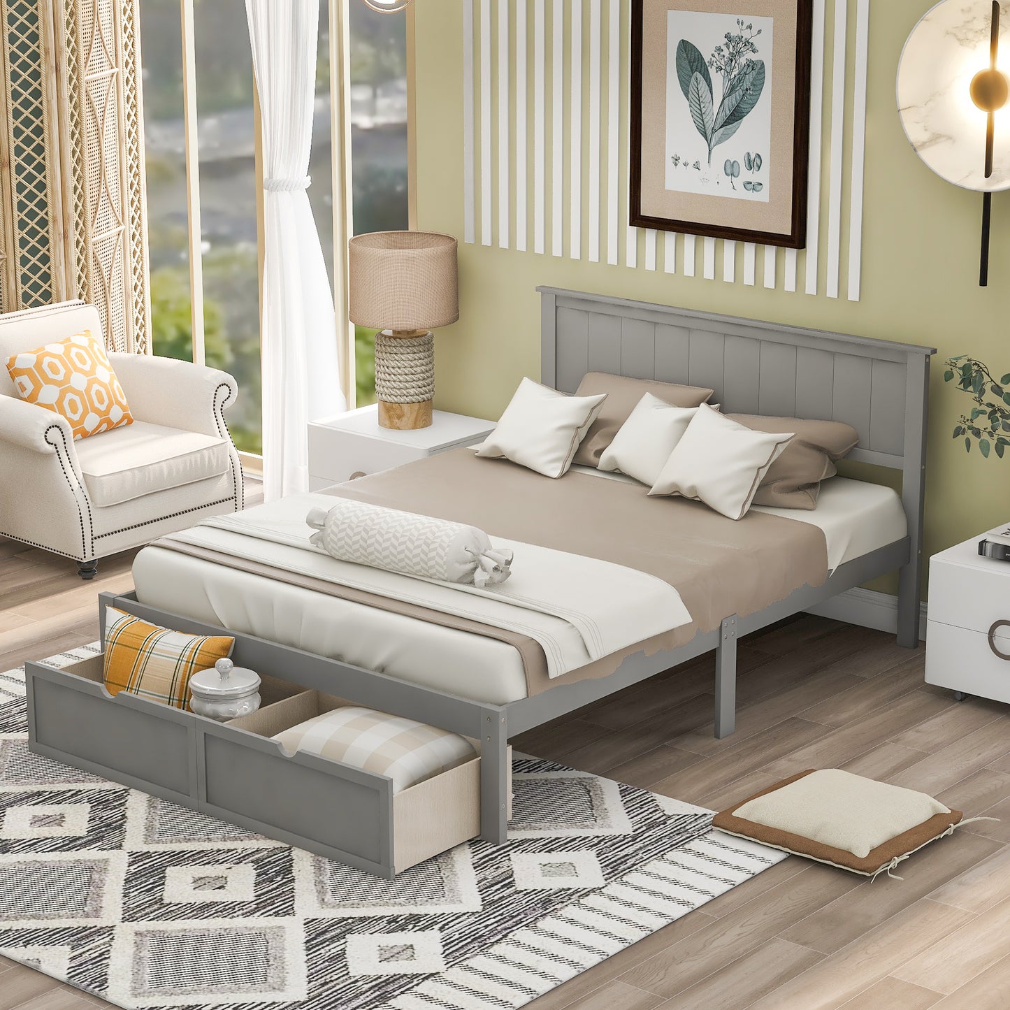 paproos Full Bed with Storage, Heavy Duty Wood Platform Bed Frame with Headboard and Under-bed Drawers, No Box Spring Needed, White