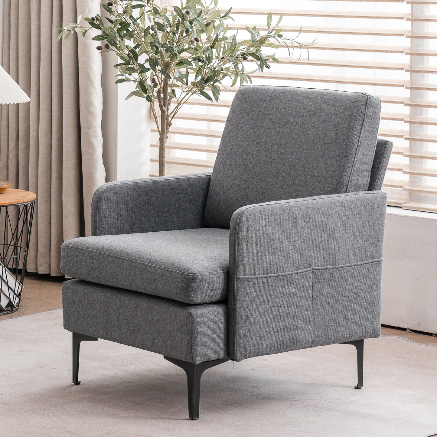 paproos Modern Accent Chair with Wood Legs, Velvet Upholstered Armchair, Club Leisure Modern Chair for Living Room Bedroom, Gray