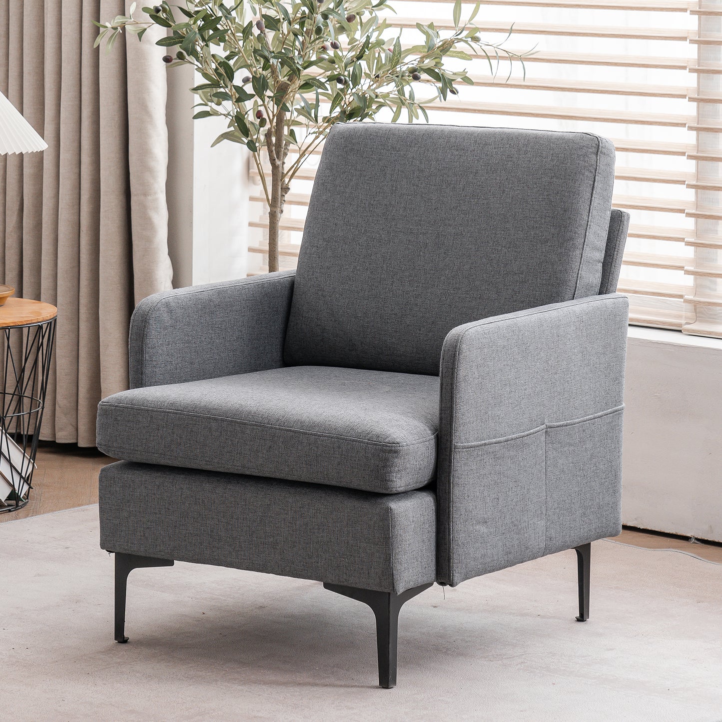 paproos Modern Accent Chair with Wood Legs, Velvet Upholstered Armchair, Club Leisure Modern Chair for Living Room Bedroom, Gray
