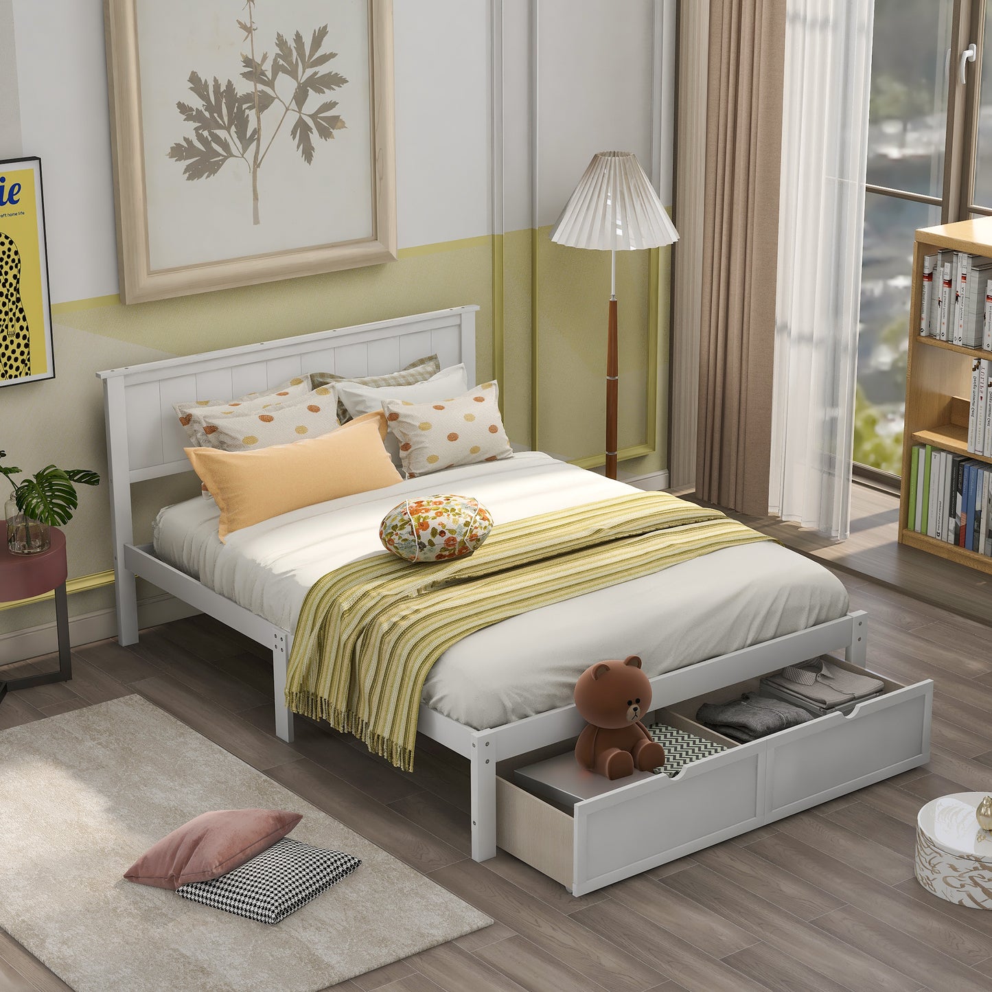 paproos Full Bed with Storage, Heavy Duty Wood Platform Bed Frame with Headboard and Under-bed Drawers, No Box Spring Needed, White