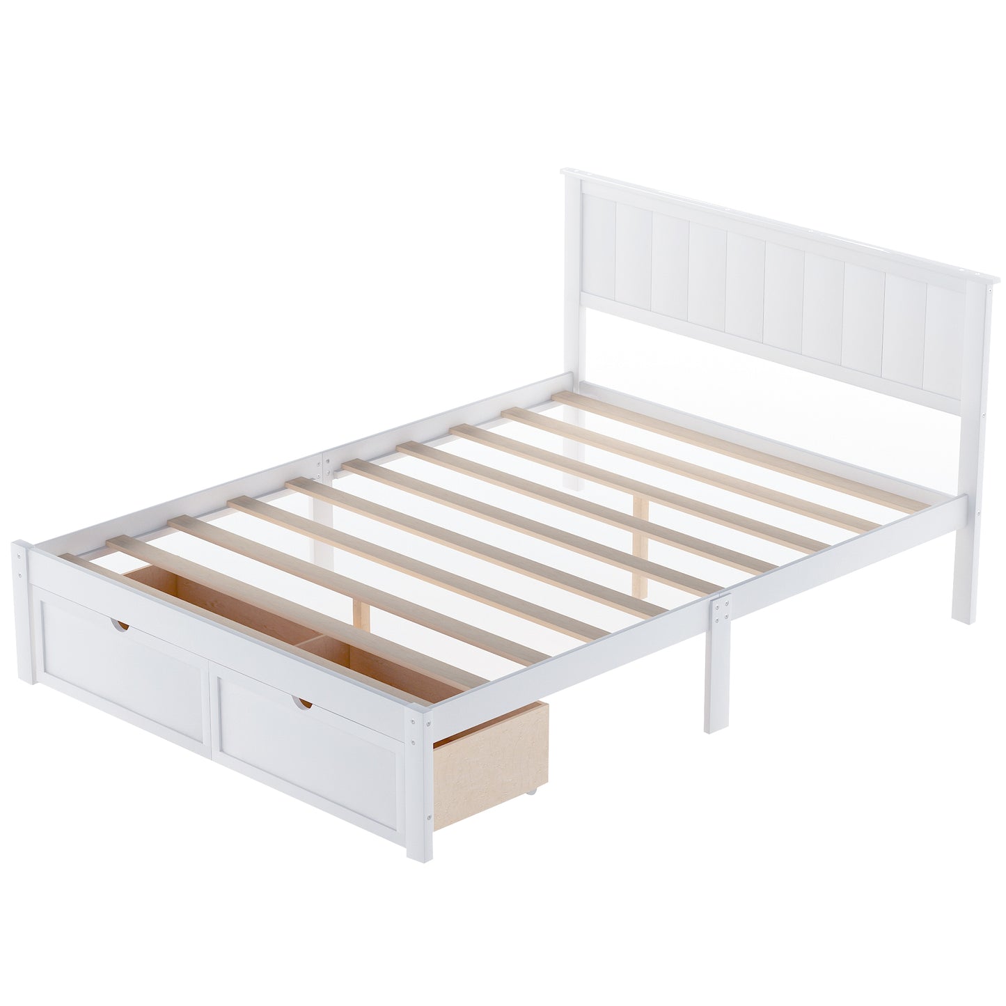 paproos Full Bed with Storage, Heavy Duty Wood Platform Bed Frame with Headboard and Under-bed Drawers, No Box Spring Needed, White