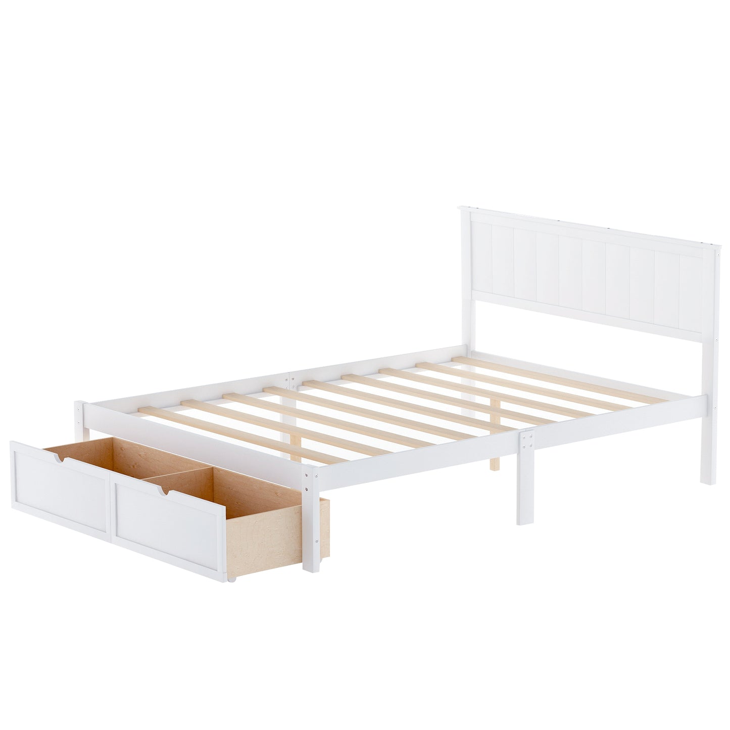 paproos Full Bed with Storage, Heavy Duty Wood Platform Bed Frame with Headboard and Under-bed Drawers, No Box Spring Needed, White
