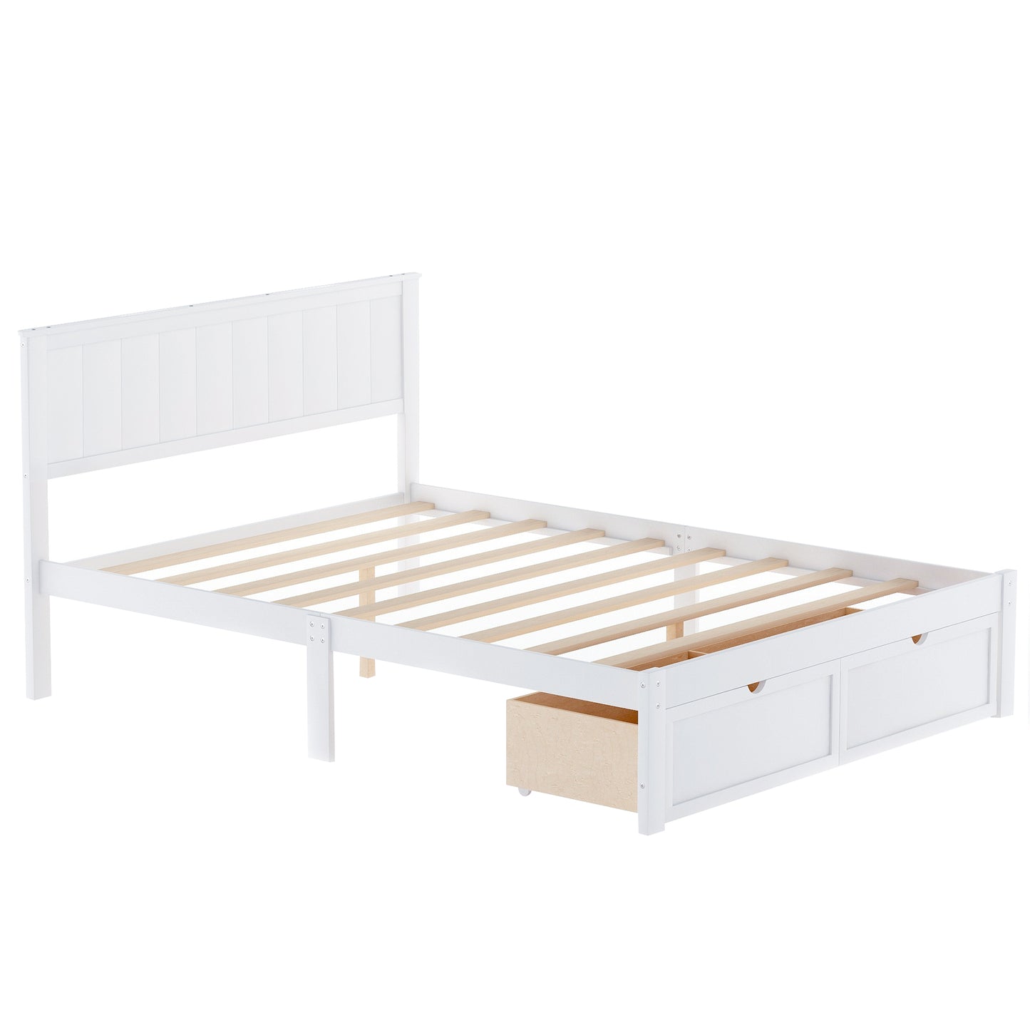 paproos Full Bed with Storage, Heavy Duty Wood Platform Bed Frame with Headboard and Under-bed Drawers, No Box Spring Needed, White