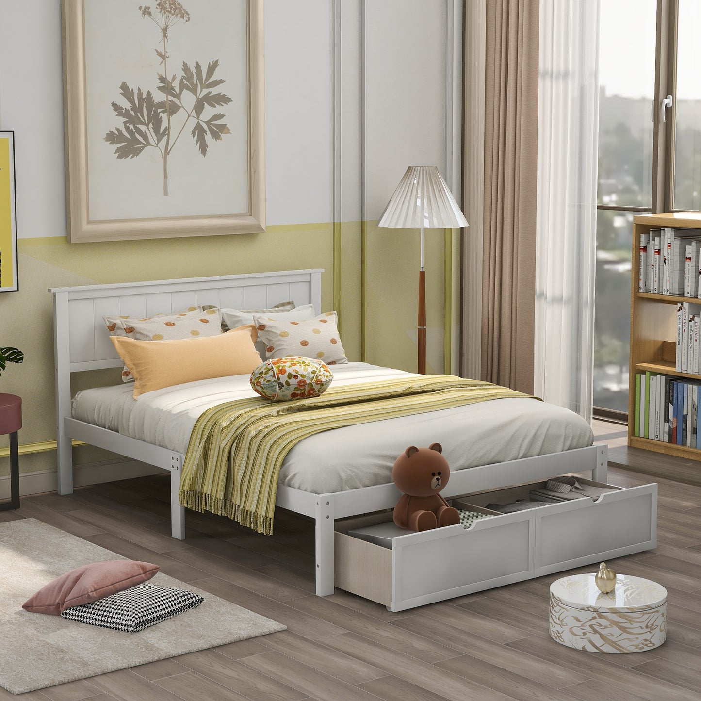 paproos Full Bed with Storage, Heavy Duty Wood Platform Bed Frame with Headboard and Under-bed Drawers, No Box Spring Needed, White