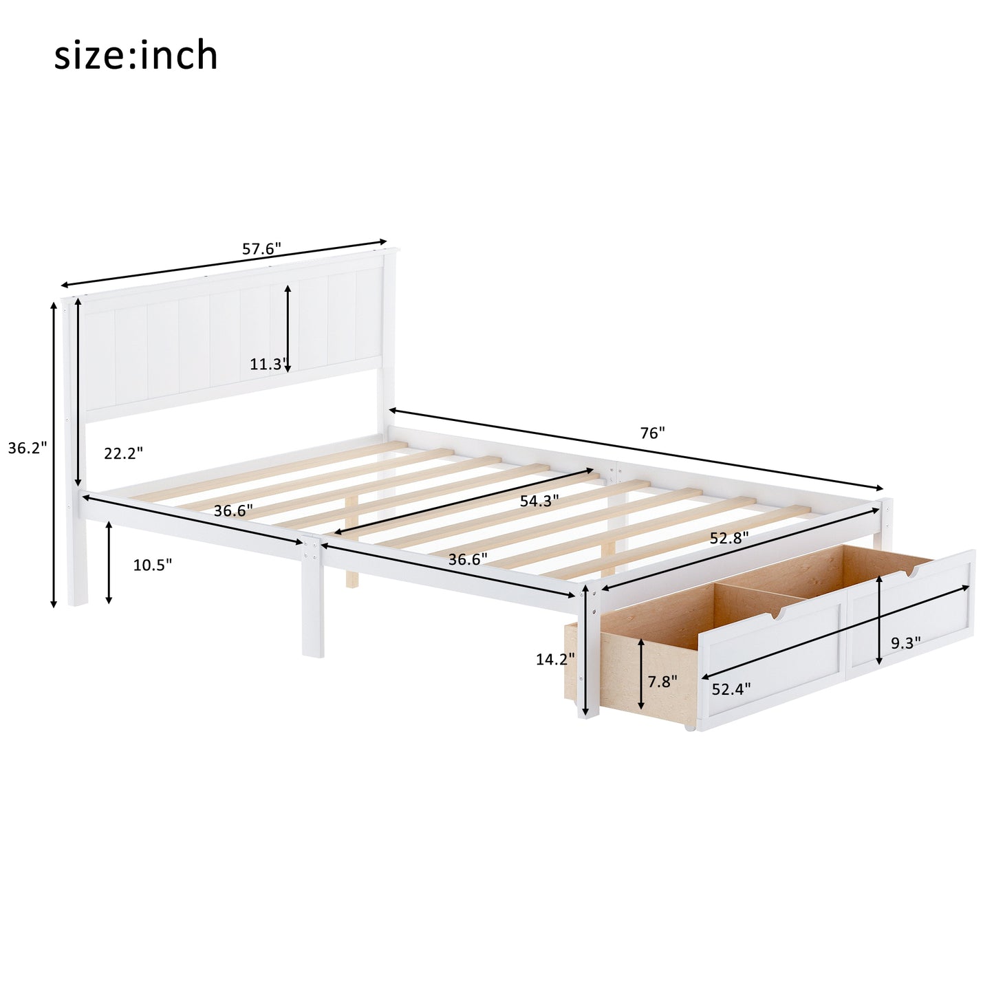 paproos Full Bed with Storage, Heavy Duty Wood Platform Bed Frame with Headboard and Under-bed Drawers, No Box Spring Needed, White