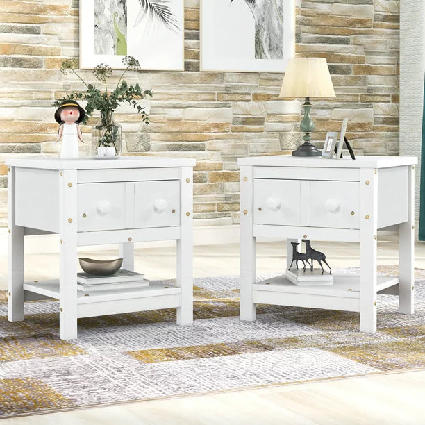 paproos Modern End Table Set of 2 with a Drawer and One Shelf, Modern Style Bedside Table, Wood Bedside Table for Bedroom, Living Room, Sofa Couch, Hall, Easy Assembly