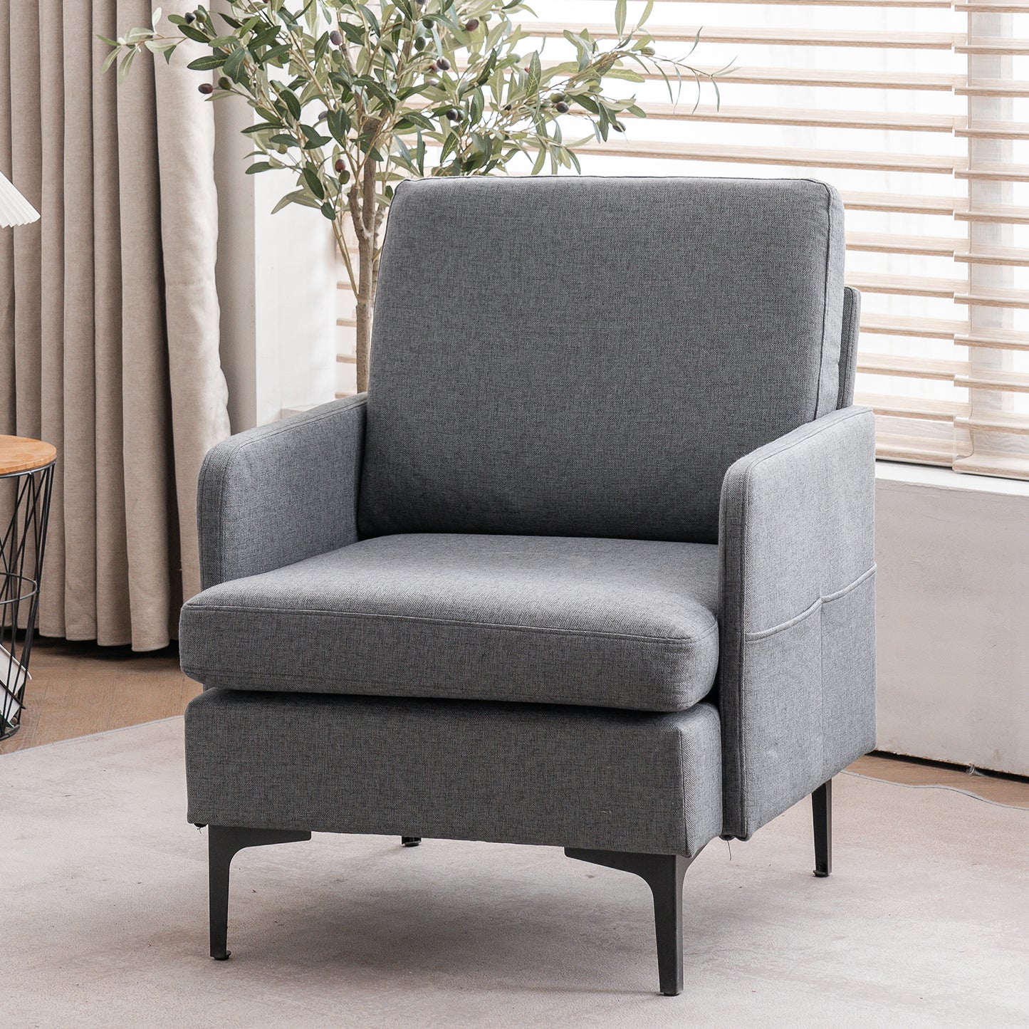 paproos Modern Accent Chair with Wood Legs, Velvet Upholstered Armchair, Club Leisure Modern Chair for Living Room Bedroom, Gray