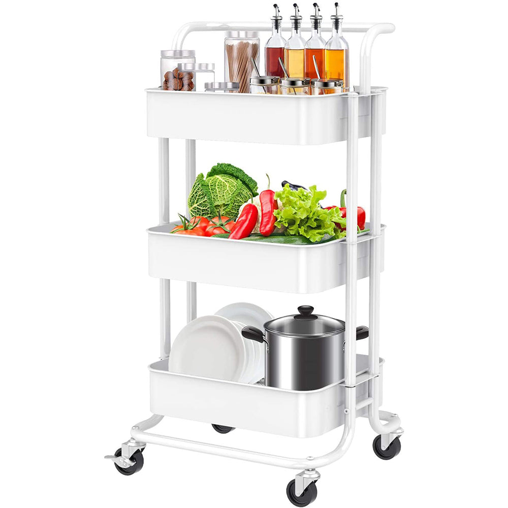 3-Tier Rolling Kitchen Cart, Home Kitchen Storage Utility Cart with Handle, Bathroom Organizer Cart on Wheels, White