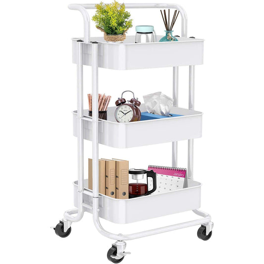 3-Tier Rolling Kitchen Cart, Home Kitchen Storage Utility Cart with Handle, Bathroom Organizer Cart on Wheels, White