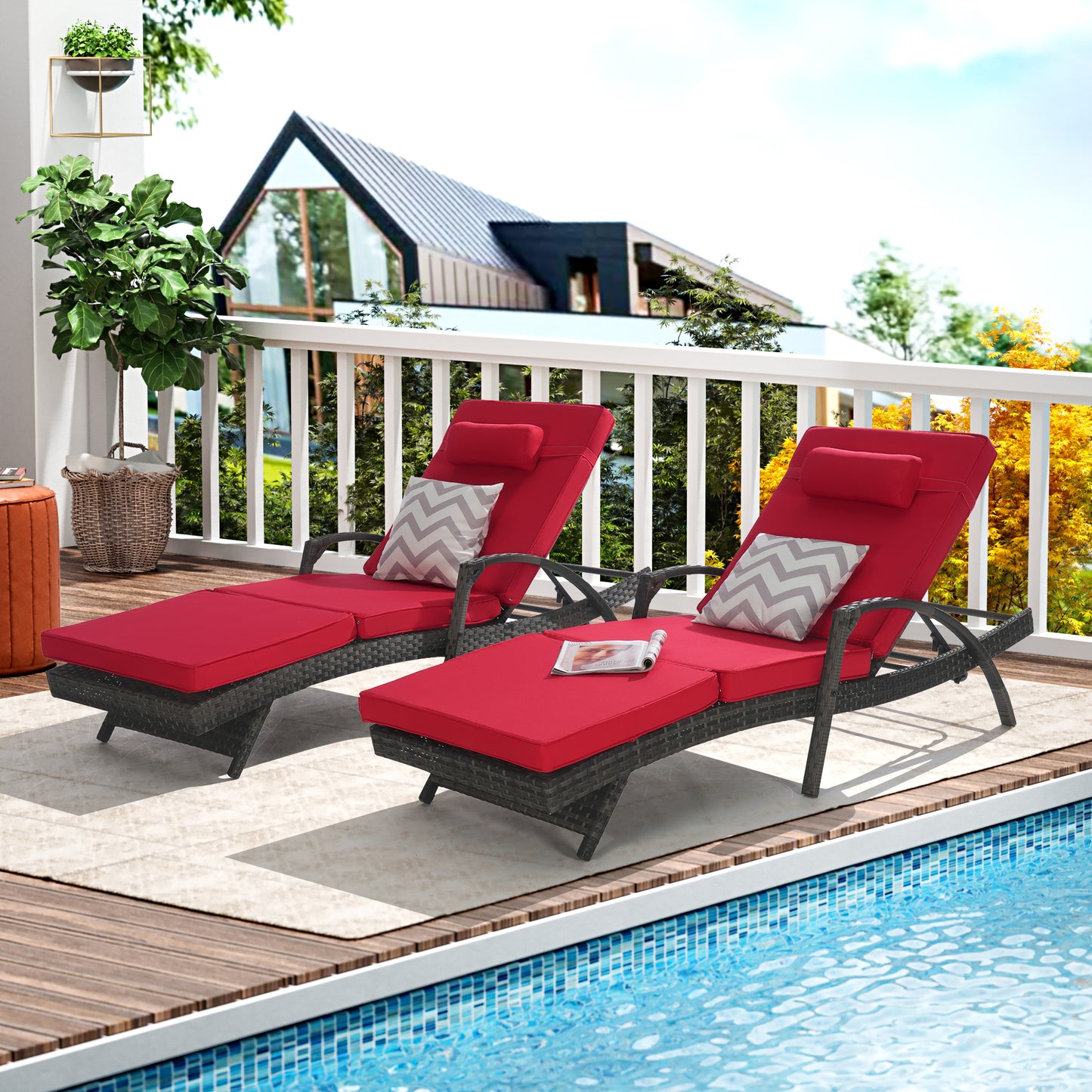 Outdoor Chaise Lounge Chair Set of 2, Rattan Patio Chaise Lounge Chair with Cushion and Arms, Modern 5-Positions Adjustable Outdoor Lounger Recliner for Poolside, Garden, Backyard, Light Gray