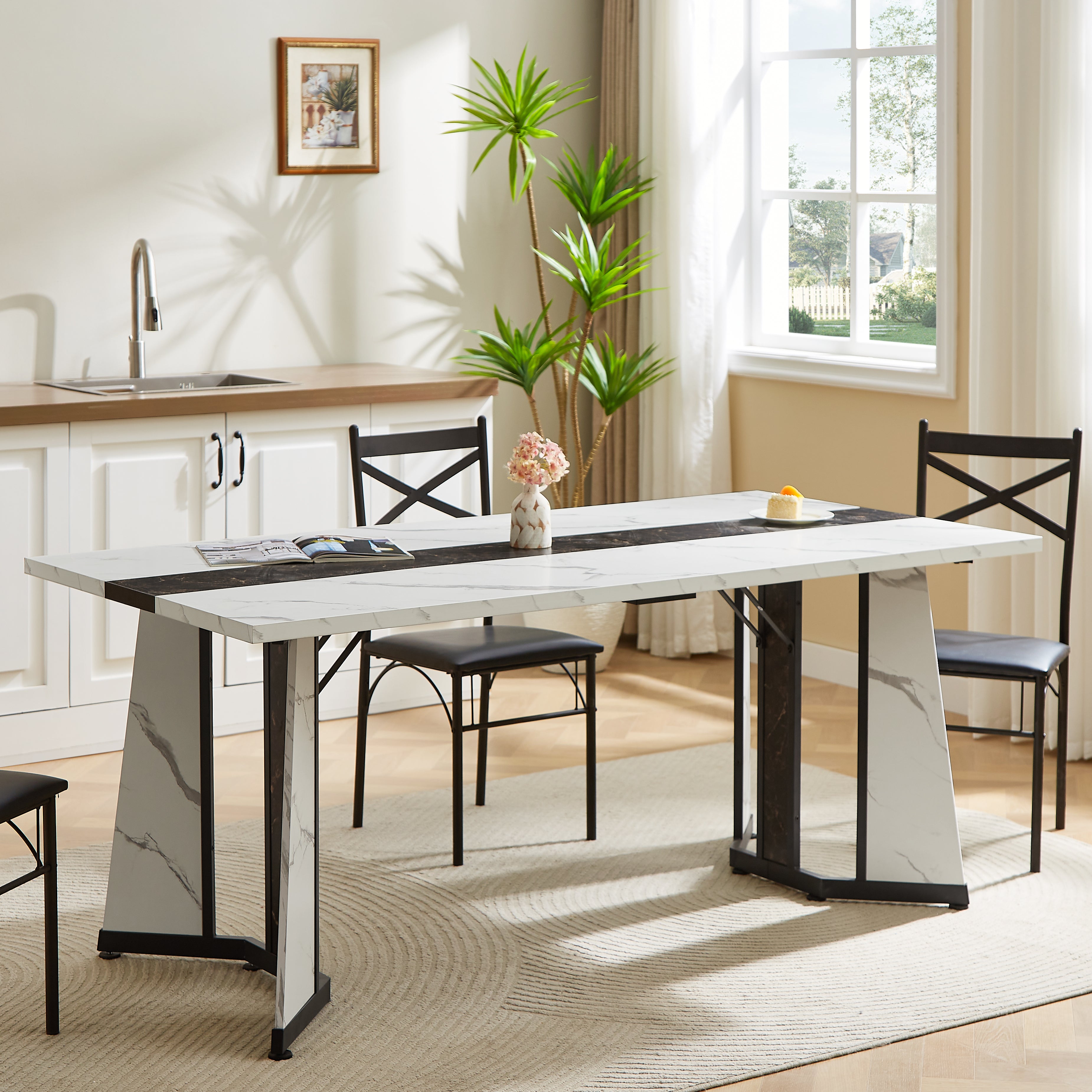 71 inch Large Rectangular Dining Table for 6-8 People, Paproos Faux Marble Dining Room Table with Adjustable Metal Leg, Wood Kitchen Table for Dining Room, Gathering
