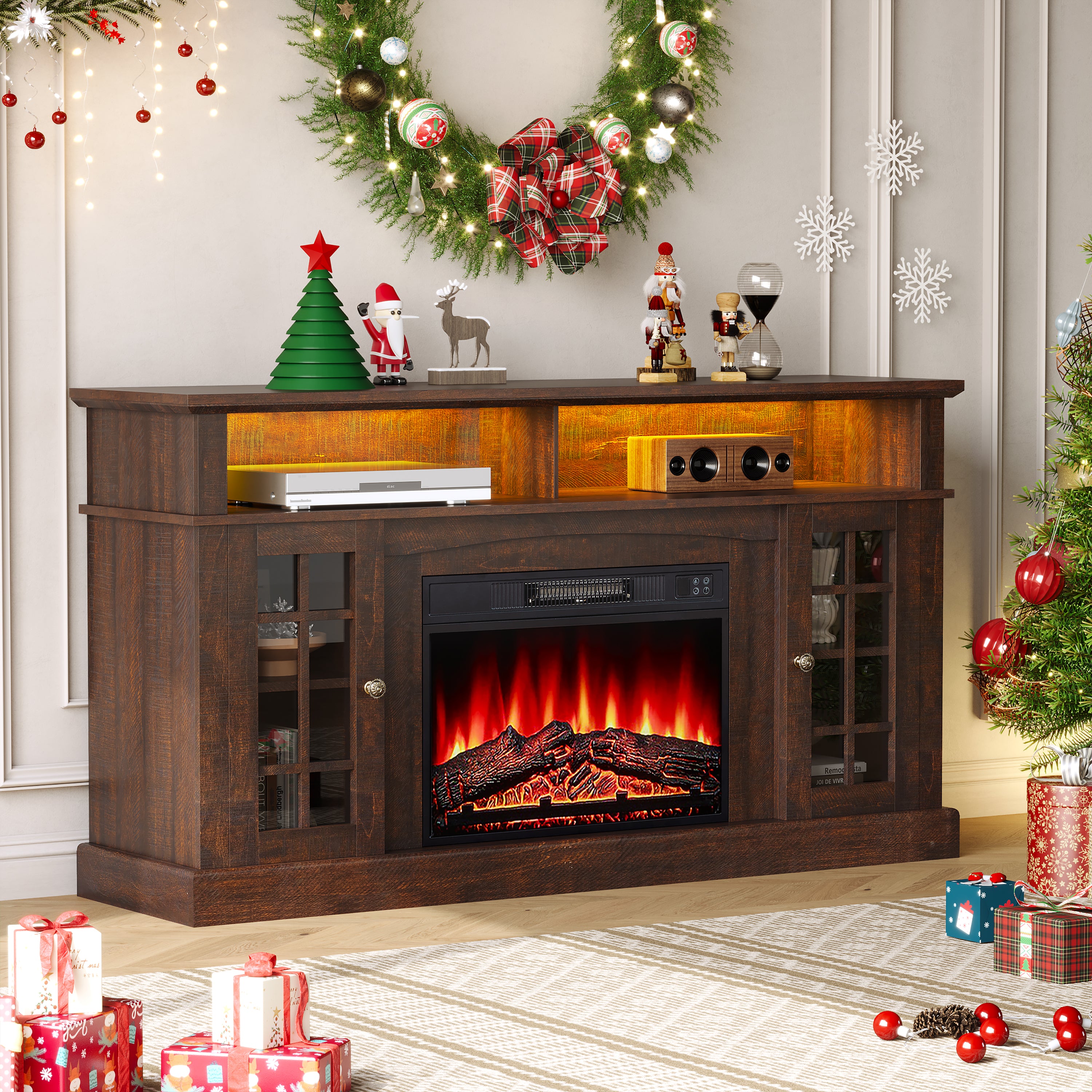 Fireplace TV Stand for 65 Inch TV, 1400w Farmhouse Electric TV Stand with Fireplace, Fireplace Entertainment Center with Remote Control for Living Room, Brown