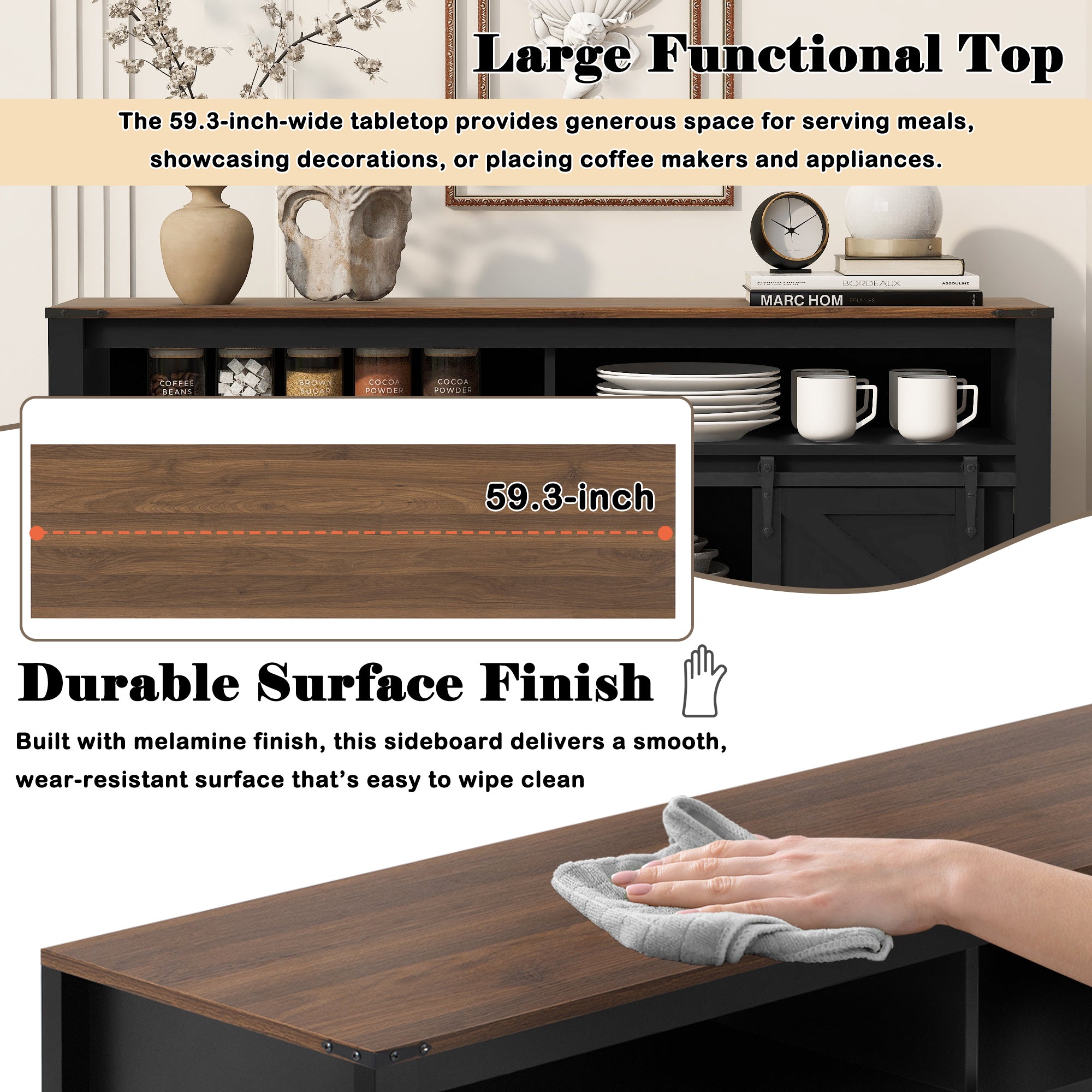 Paproos Sideboard Buffet Cabinet, Wood Buffet Cabinet with Open Storage, Farmhouse Kitchen Storage Cupboard with Sliding Barn Door and Mesh Panels for Living Room, Hallway, Dining Room, White