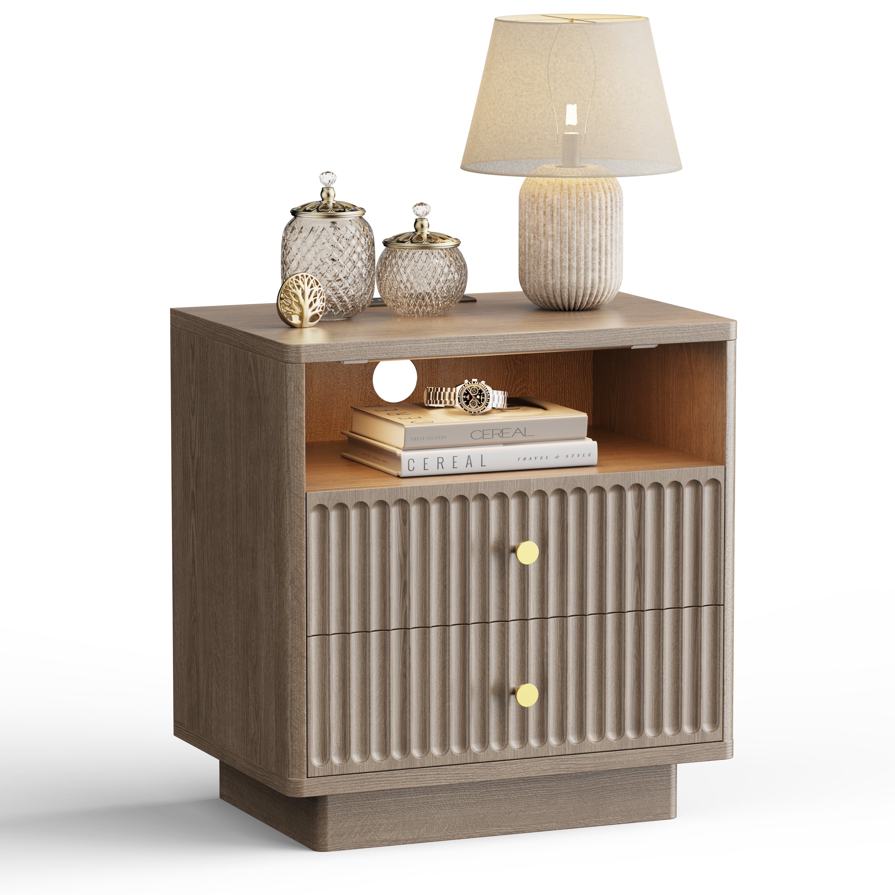 Fluted Nightstand with Charging Station