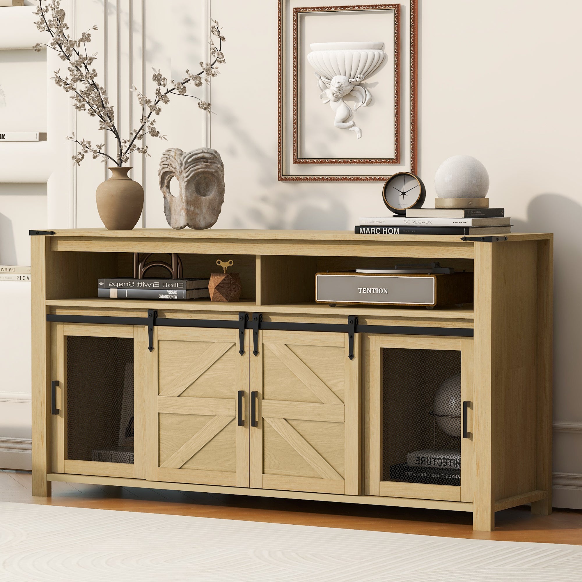 Paproos Sideboard Buffet Cabinet, Wood Buffet Cabinet with Open Storage, Farmhouse Kitchen Storage Cupboard with Sliding Barn Door and Mesh Panels for Living Room, Hallway, Dining Room, White