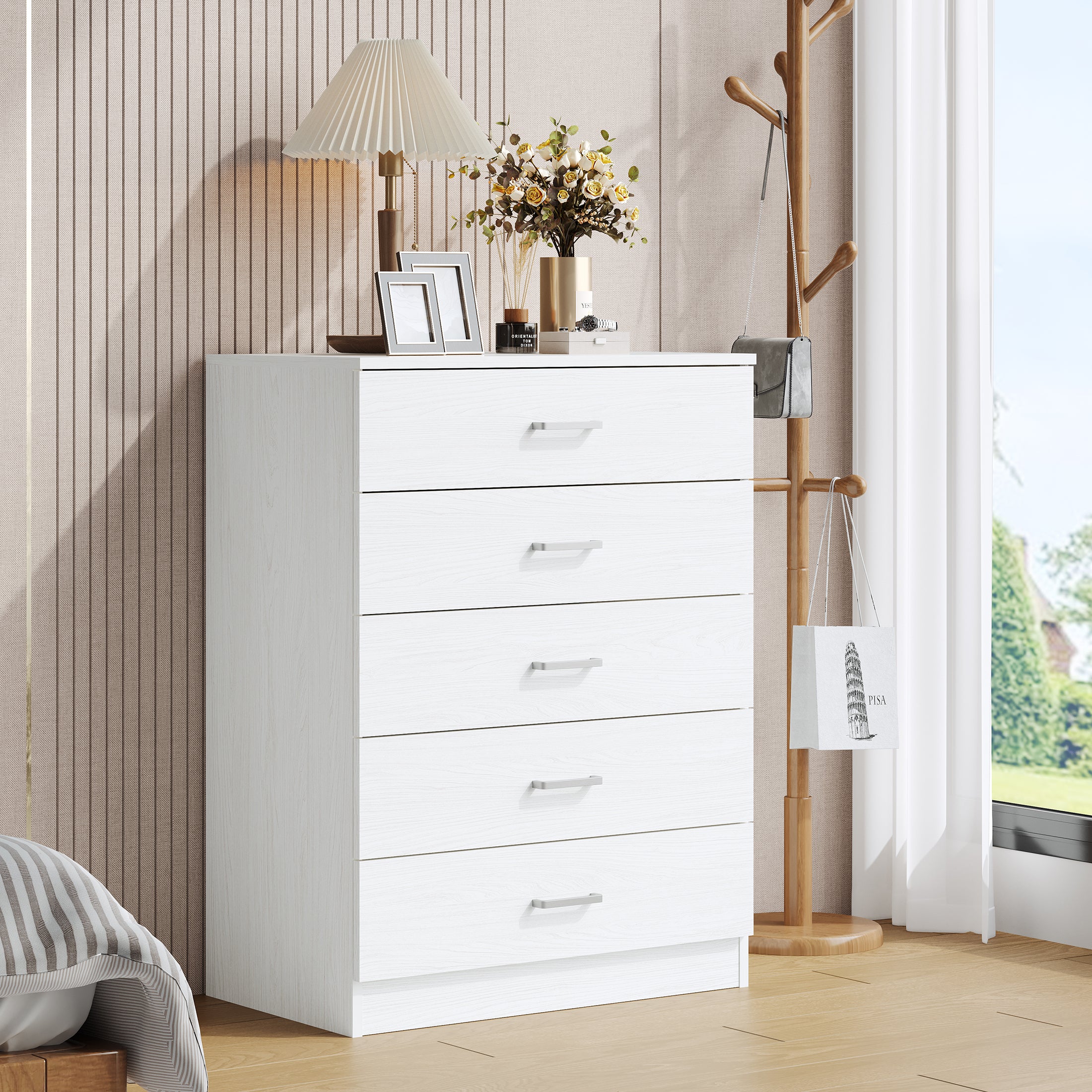 SYNGAR White 5 Drawer Dresser, Chest of Drawers for Bedroom, Modern Storage Cabinet Dresser Organizer Unit with Handle for Living Room, Closet, Hallway, Nursery