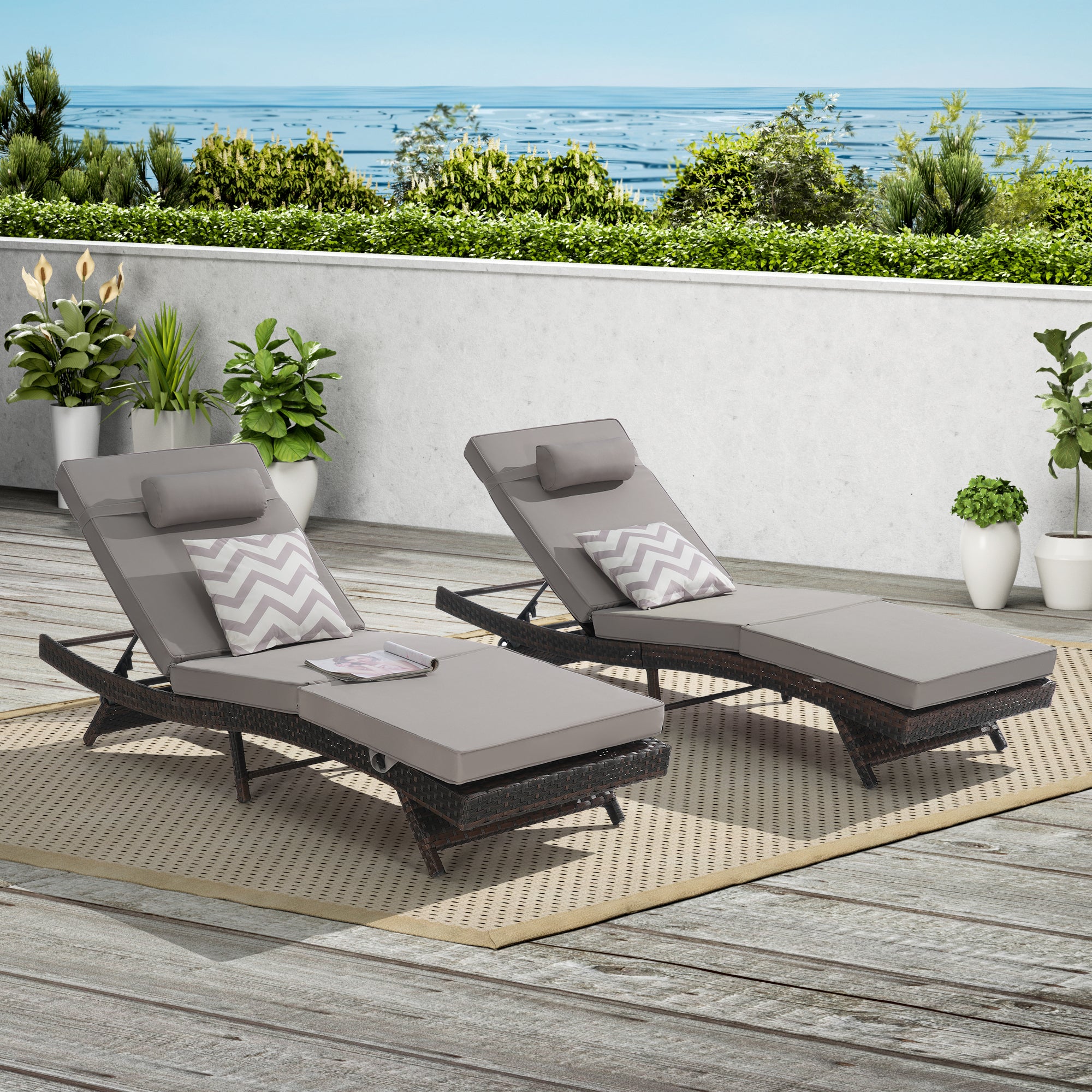 Outdoor Chaise Lounge Chair Set of 2, Wicker Outdoor Lounger Recliner with Cushions and 5-Level Adjustment Backrest, Modern Patio Lounge Chair for Poolside, Garden,