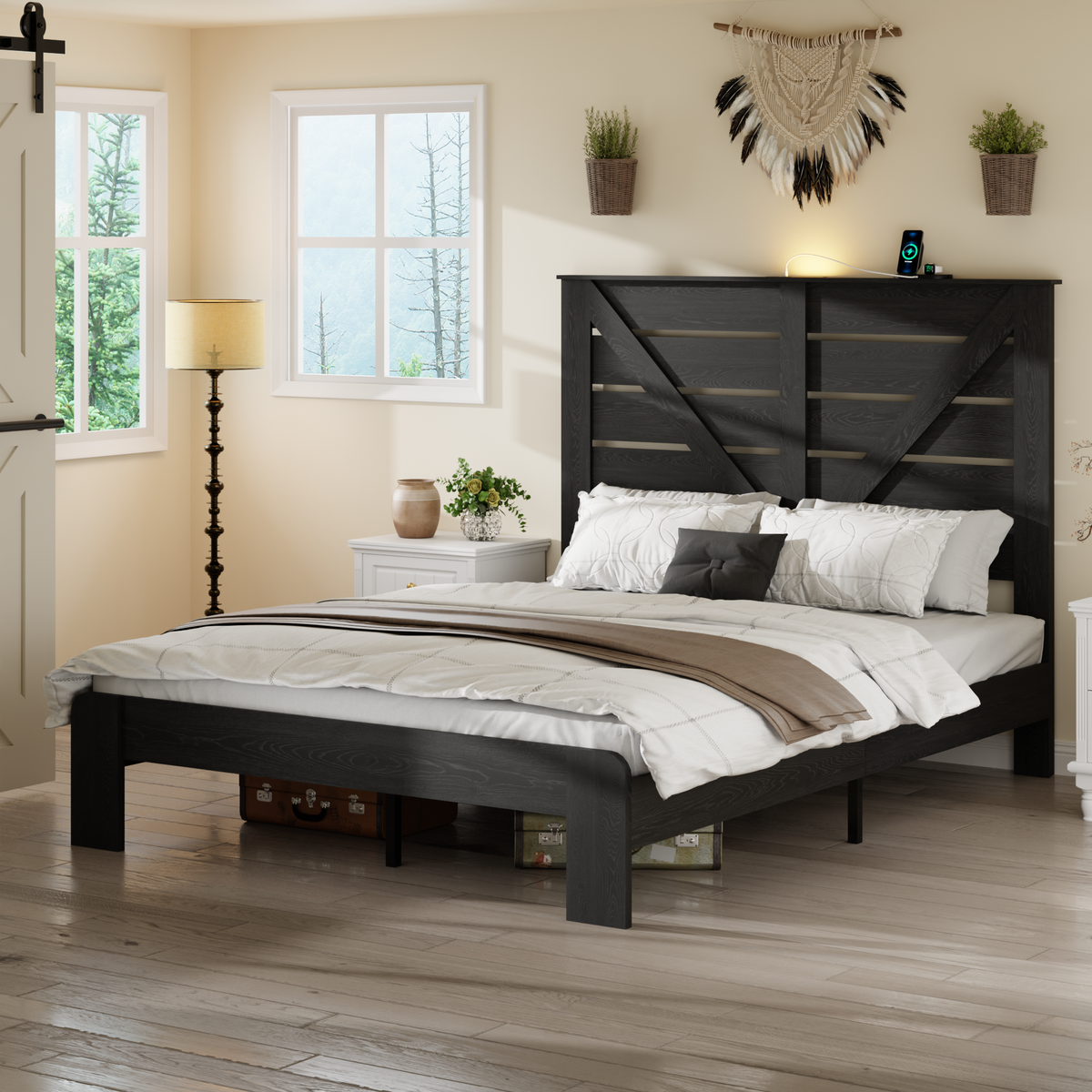 PAPROOS Queen Bed Frame with Headboard, Farmhouse Queen Bed with Charging Station and Touch Lamp, Wood Platform Bed with Metal Slats, No Box Spring Needed, Noise Free