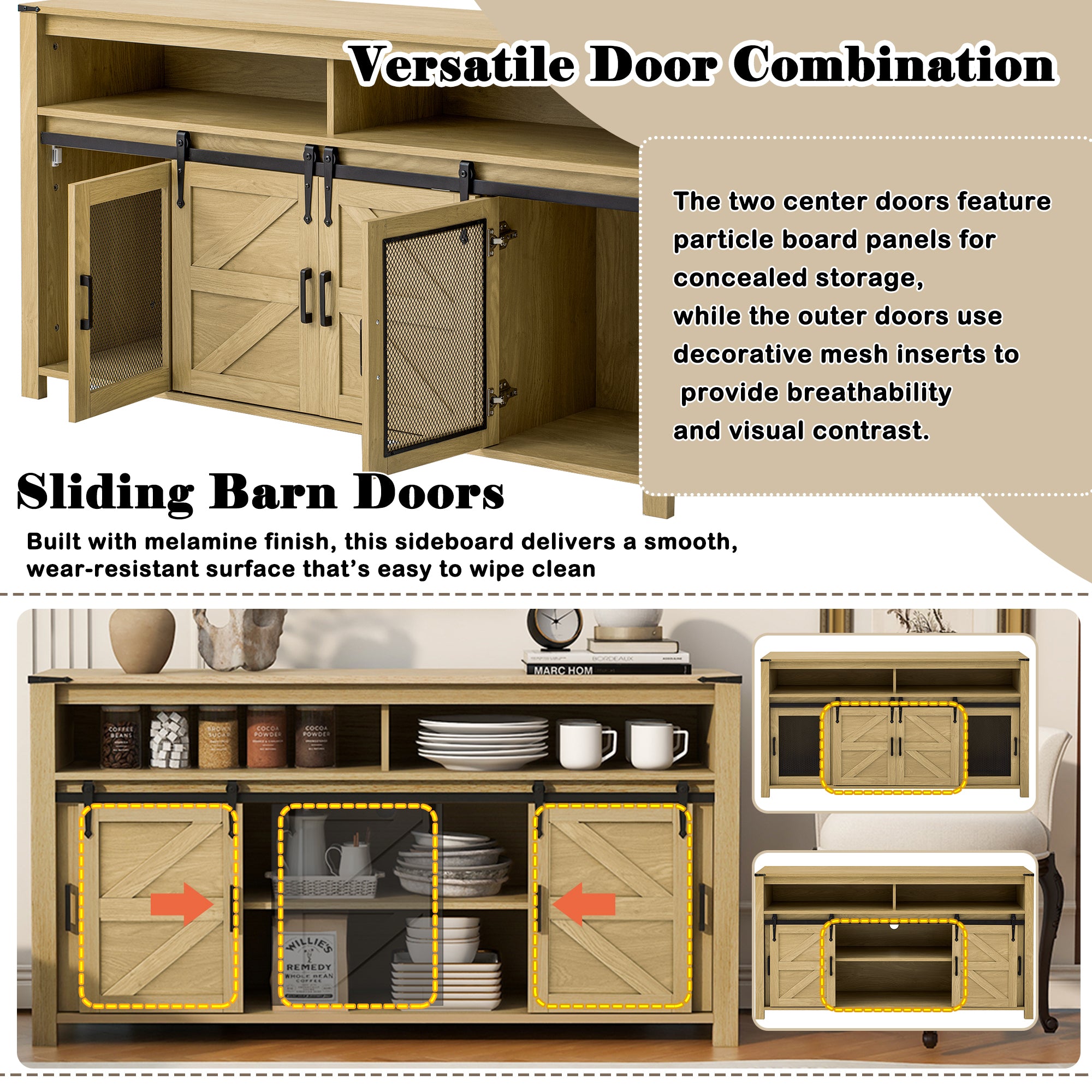 Paproos Sideboard Buffet Cabinet, Wood Buffet Cabinet with Open Storage, Farmhouse Kitchen Storage Cupboard with Sliding Barn Door and Mesh Panels for Living Room, Hallway, Dining Room, White