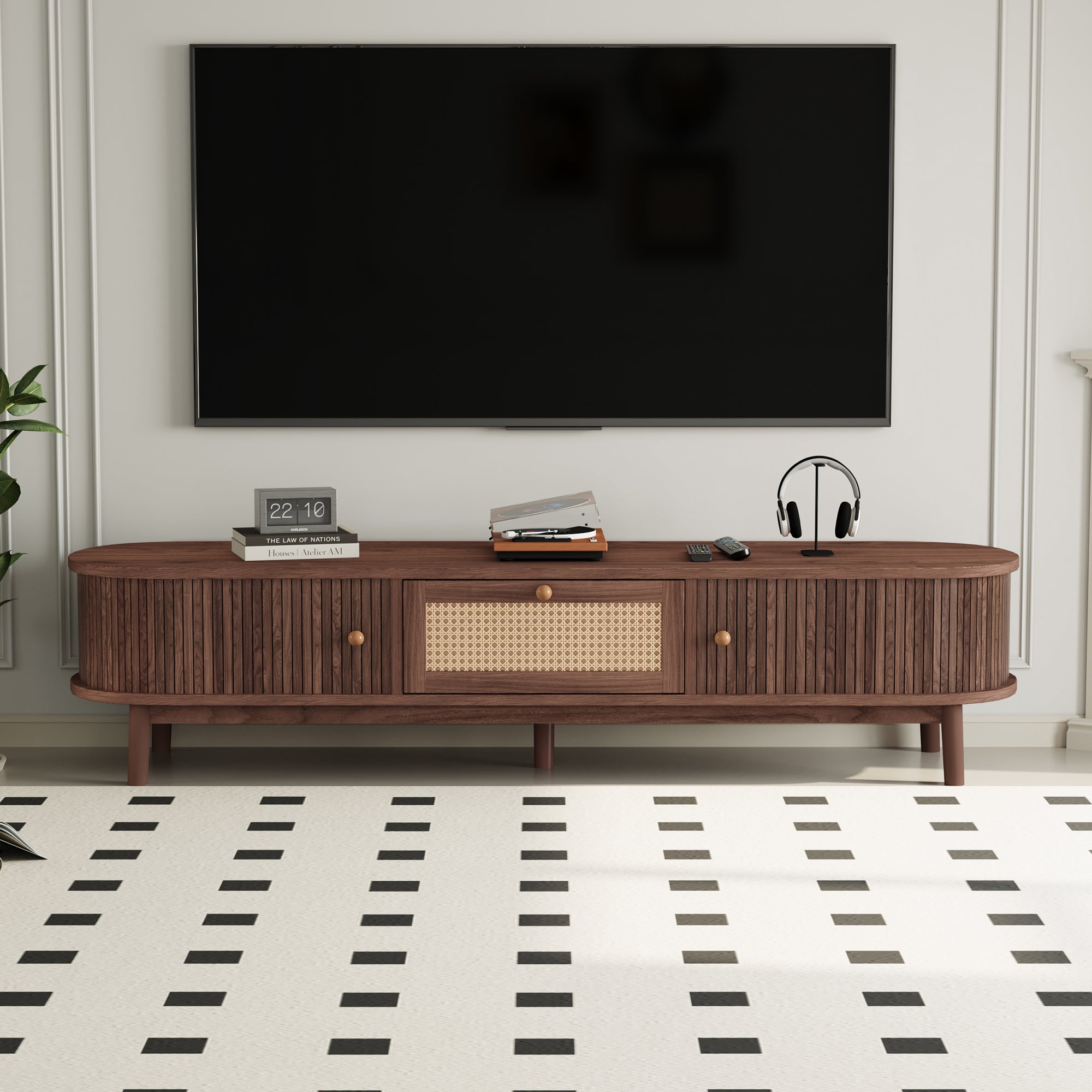 PAPROOS TV Stand for 70 inch tv, Mid Century Entertainment Center with Storage Cabinets, TV Cabinet with Open Shelves, Media Console Table with Doors for Living Room, Office
