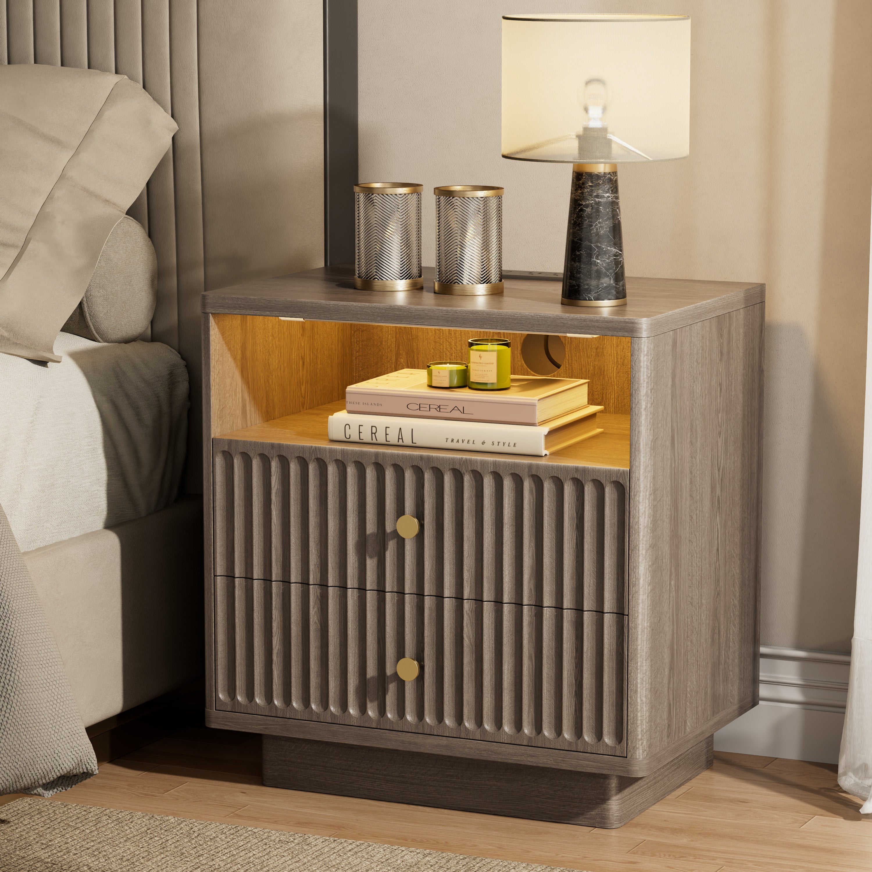 Fluted Nightstand with Charging Station