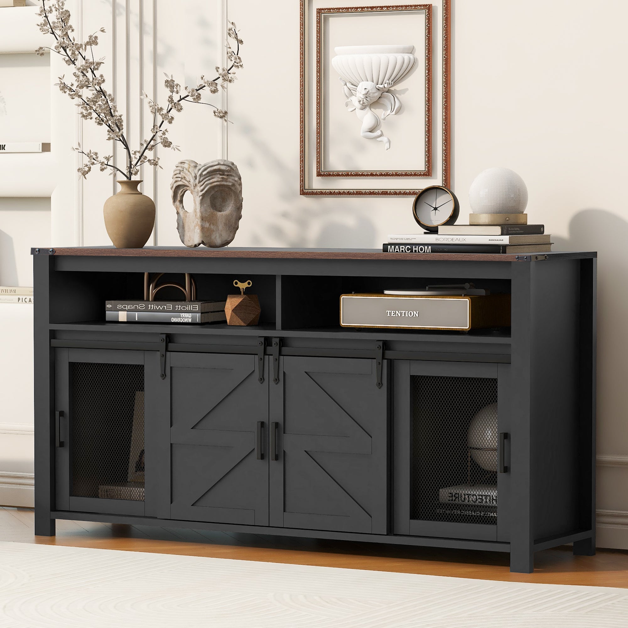Paproos Sideboard Buffet Cabinet, Wood Buffet Cabinet with Open Storage, Farmhouse Kitchen Storage Cupboard with Sliding Barn Door and Mesh Panels for Living Room, Hallway, Dining Room, White