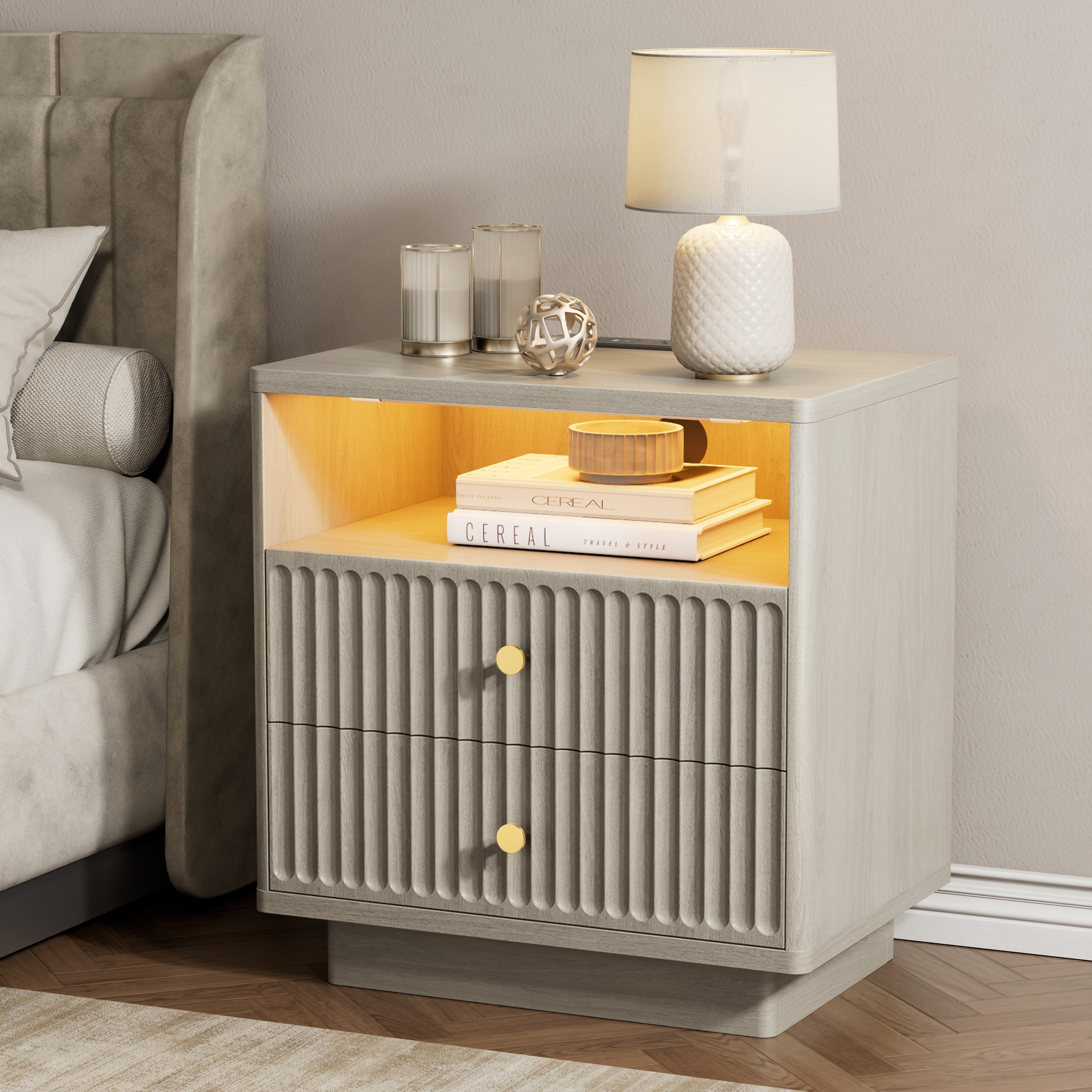 Fluted Nightstand with Charging Station