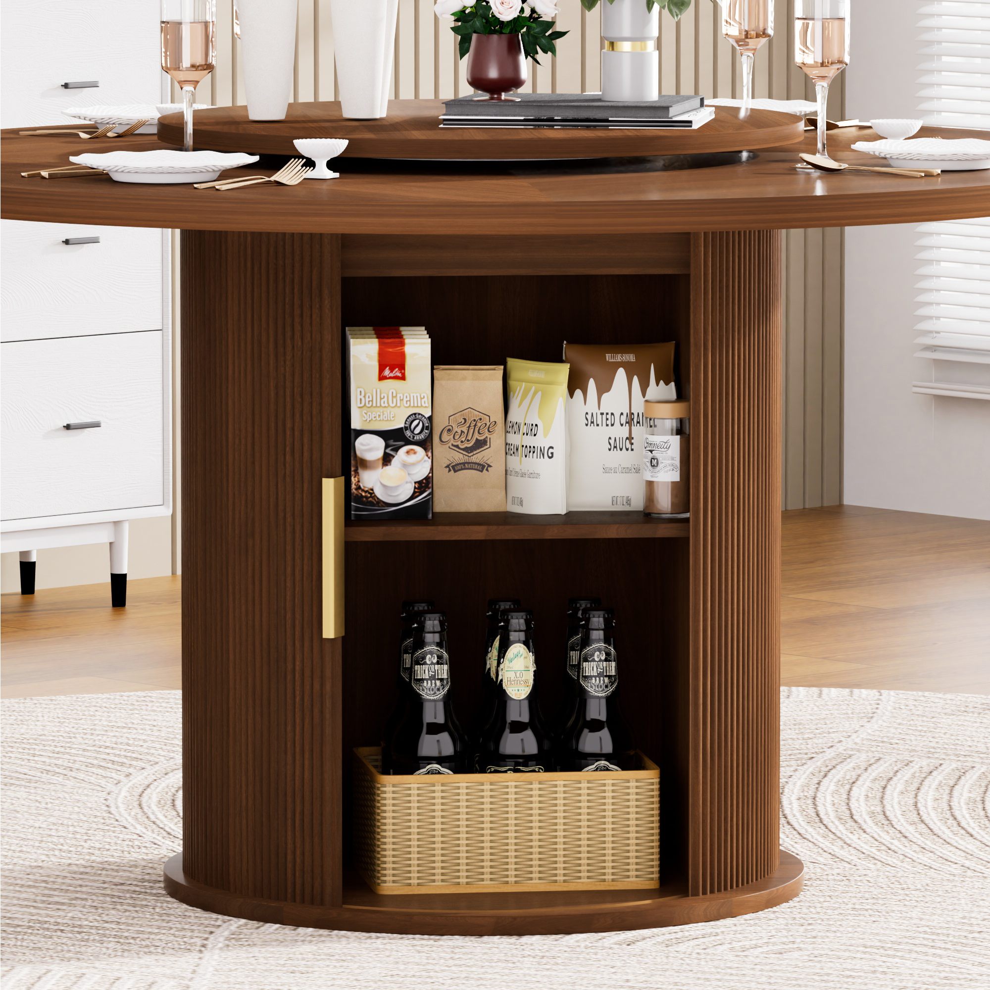 Round Dining Table for 4-6, Paproos 55’’ Kitchen Table with Rotating Tabletop Tray, Dining Room Table with 2-Tier Storage Rack and Sliding Door, Wooden Turntable Dinner Table, Walnut(Only Table)