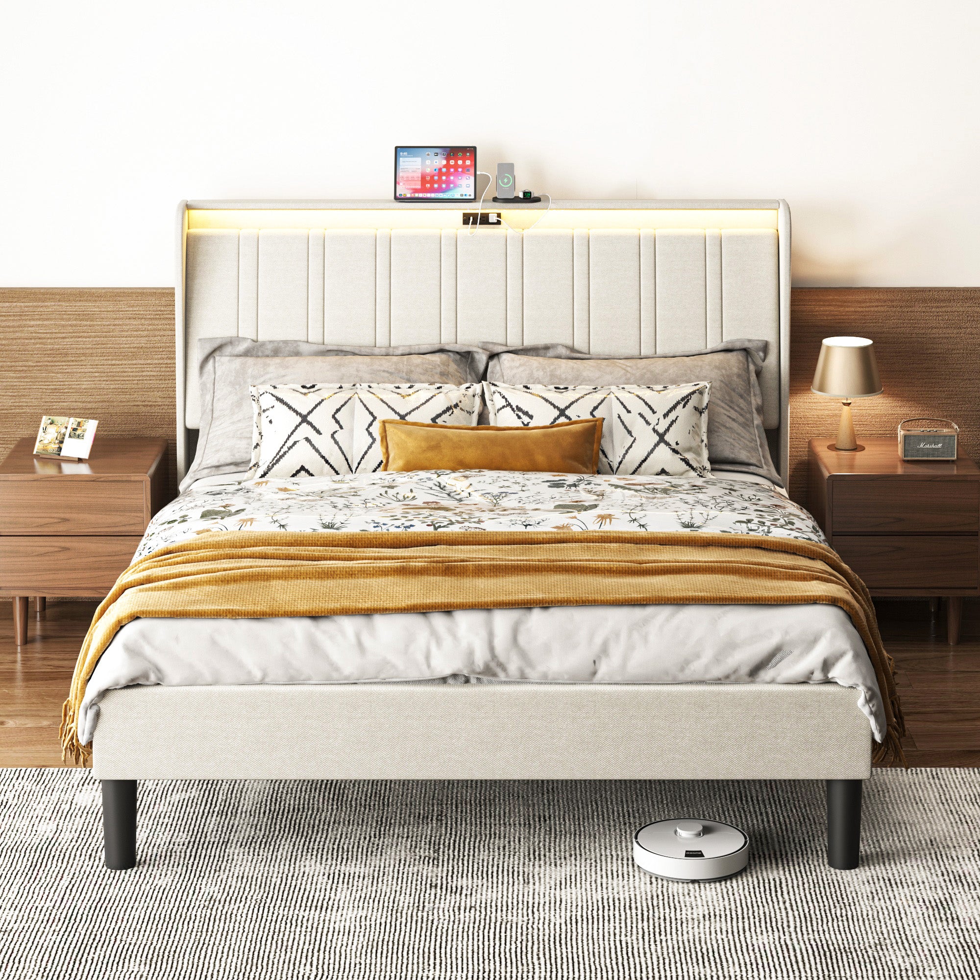 PAPROOS Twin Platform Bed Frame, Upholstered Twin Size Bed Fame with Headboard, Charging Station and LED Lights, Modern Velvet Platform Bed with Wood Slats, No Box Spring Needed, Beige