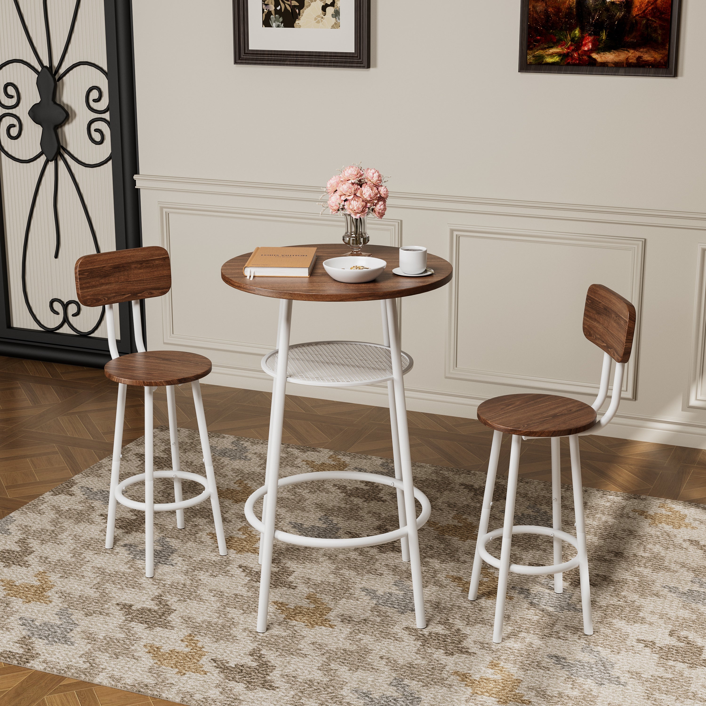 Piece Counter Height Dining Set, Paproos 23" Round Bar Table and 2 Bar Stools, Pub Table with Storage Rack, Bar Stools with Backrest, Industrial Bar Table Set for Kitchen Breakfast Nook