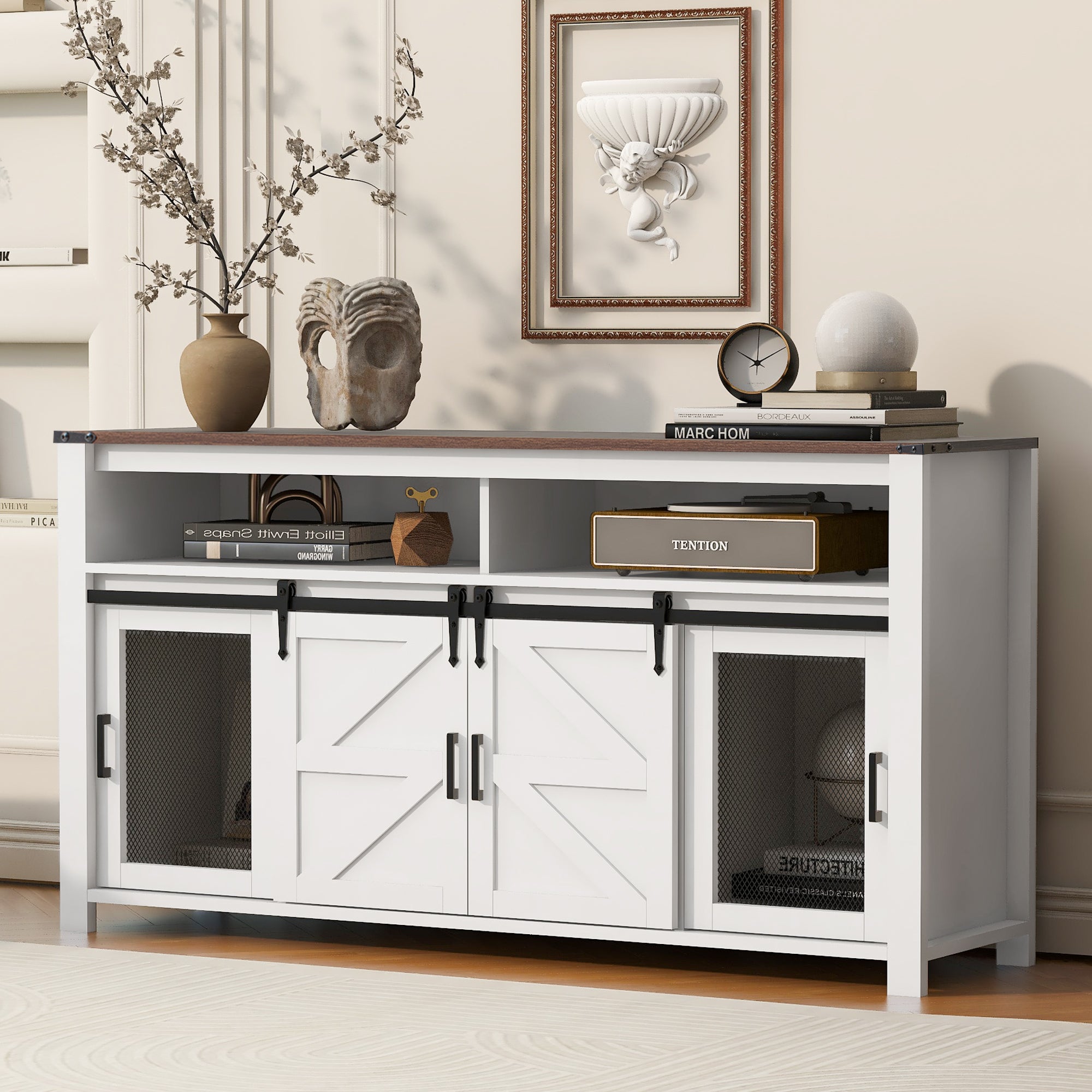 Paproos Sideboard Buffet Cabinet, Wood Buffet Cabinet with Open Storage, Farmhouse Kitchen Storage Cupboard with Sliding Barn Door and Mesh Panels for Living Room, Hallway, Dining Room, White