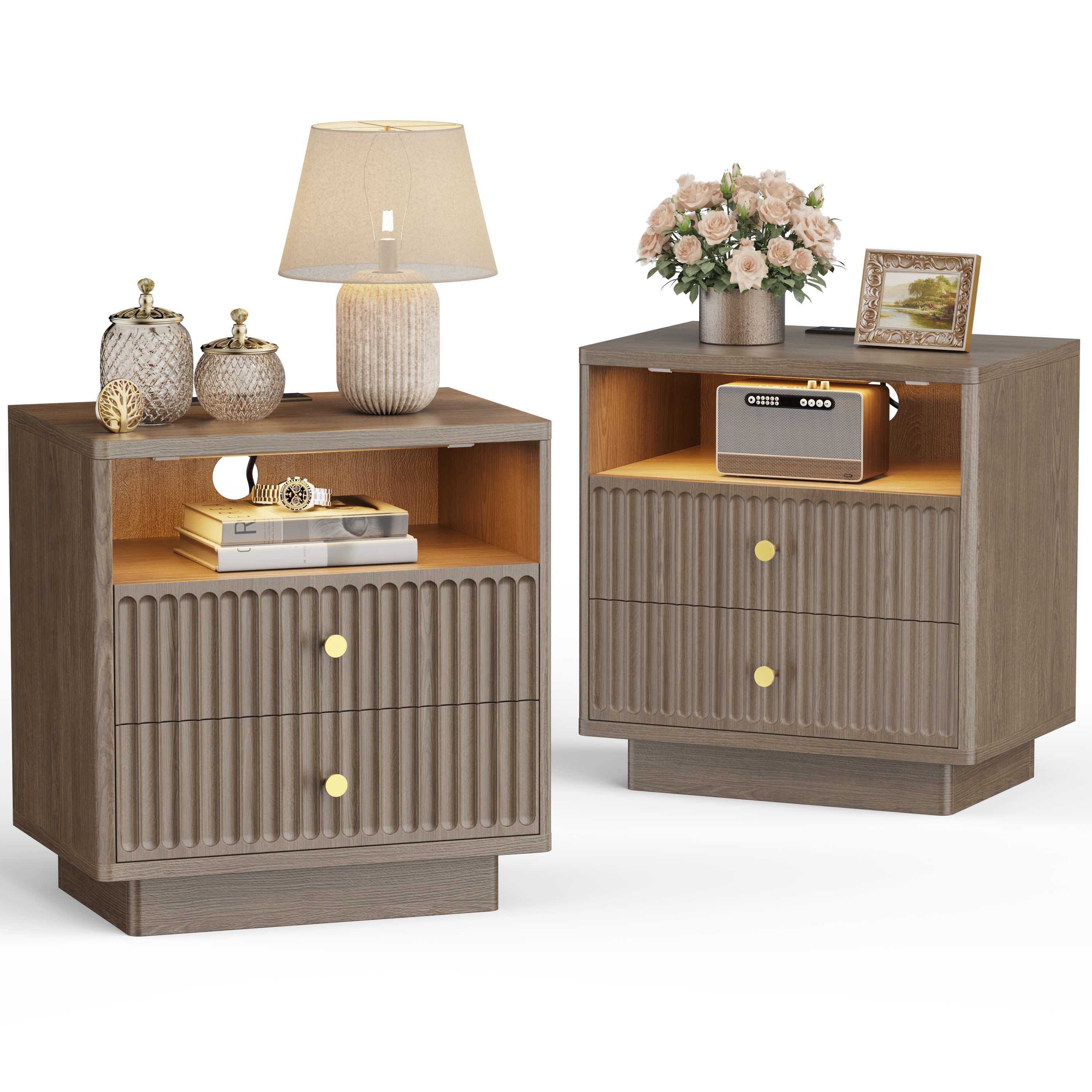 Fluted Nightstand with Charging Station