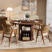 Round Dining Table for 4-6, Paproos 55’’ Kitchen Table with Rotating Tabletop Tray, Dining Room Table with 2-Tier Storage Rack and Sliding Door, Wooden Turntable Dinner Table, Walnut(Only Table)