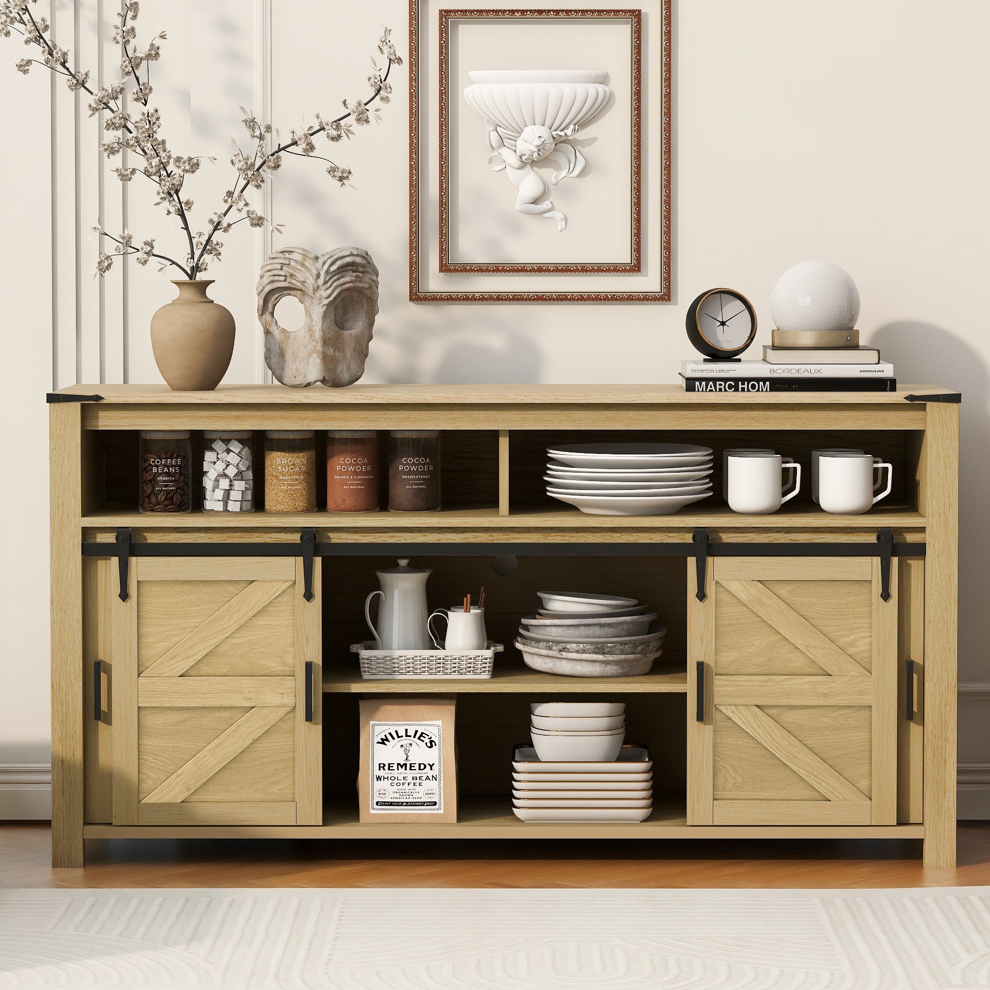 Paproos Sideboard Buffet Cabinet, Wood Buffet Cabinet with Open Storage, Farmhouse Kitchen Storage Cupboard with Sliding Barn Door and Mesh Panels for Living Room, Hallway, Dining Room, White
