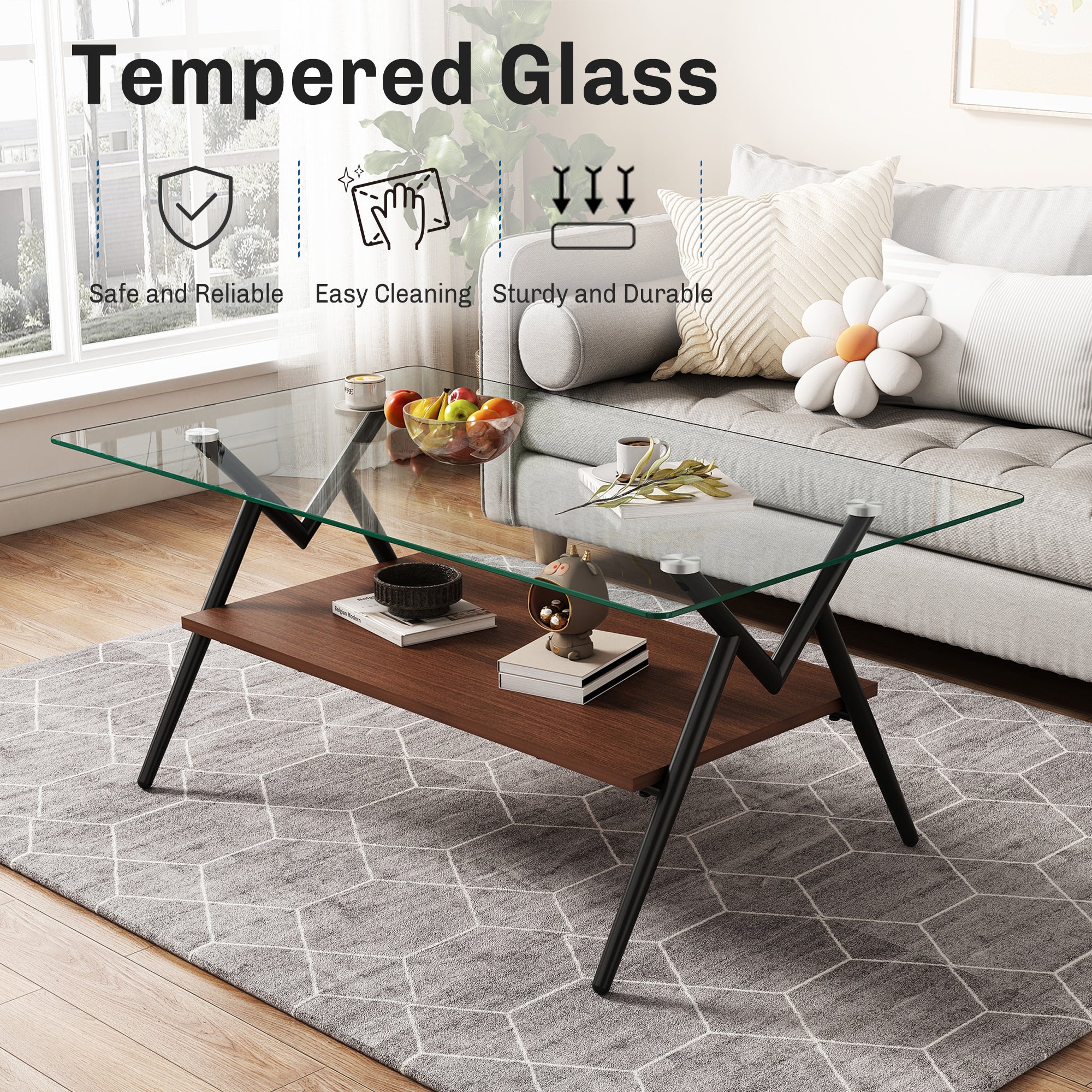 38’’ Glass Coffee Table, Paproos Rectangle Coffee Table with Storage, Modern Small Coffee Table with Metal Legs, Center Table Tea Table for Living Room, Brown & Black