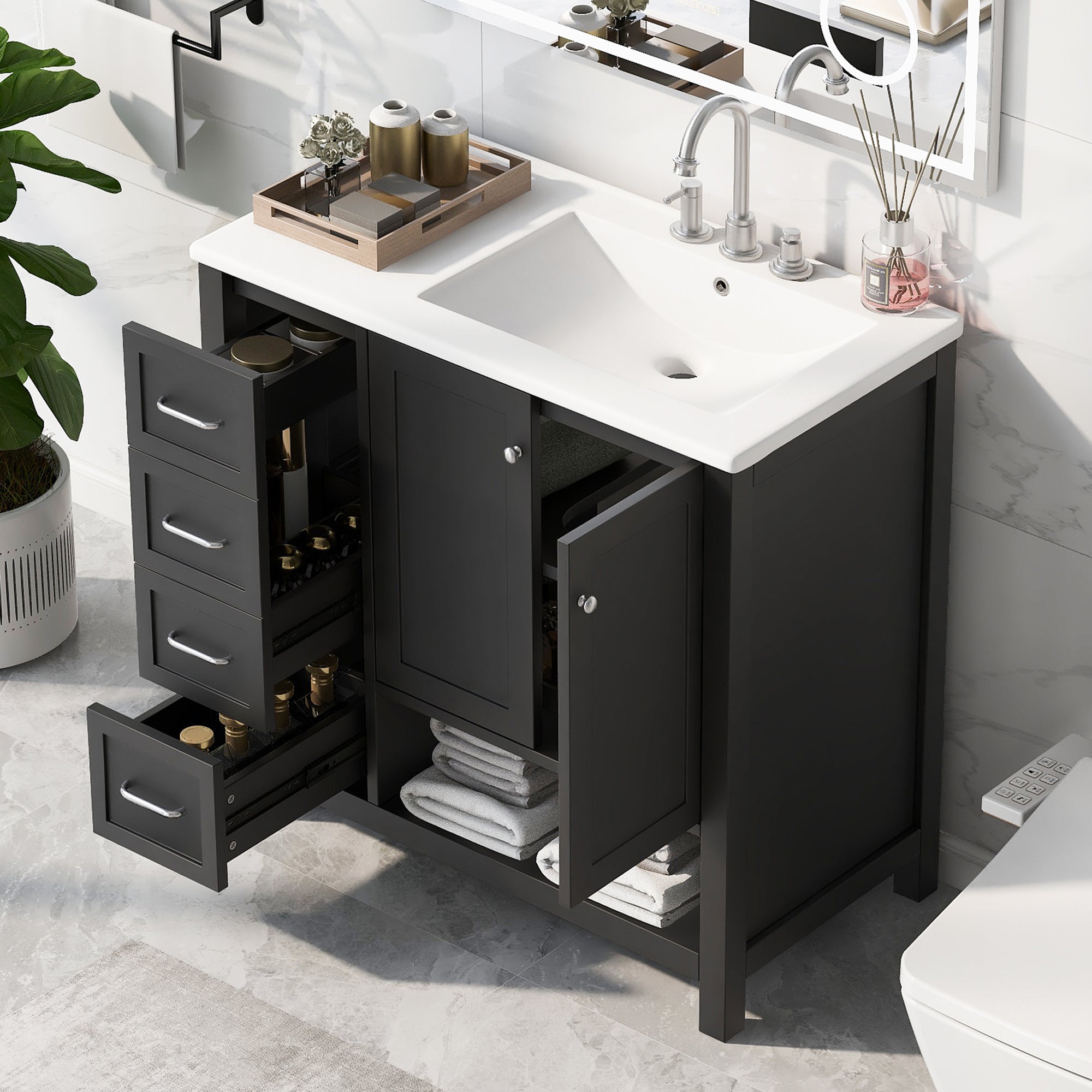 PAPROOS 36” Bathroom Vanity with Sink, Wood Bathroom Storage Cabinet with 2 Doors and 2 Drawers, Modern Basin Cabinet with Open Shelf, Freestanding Solid Wood Frame Bathroom Vanity, White