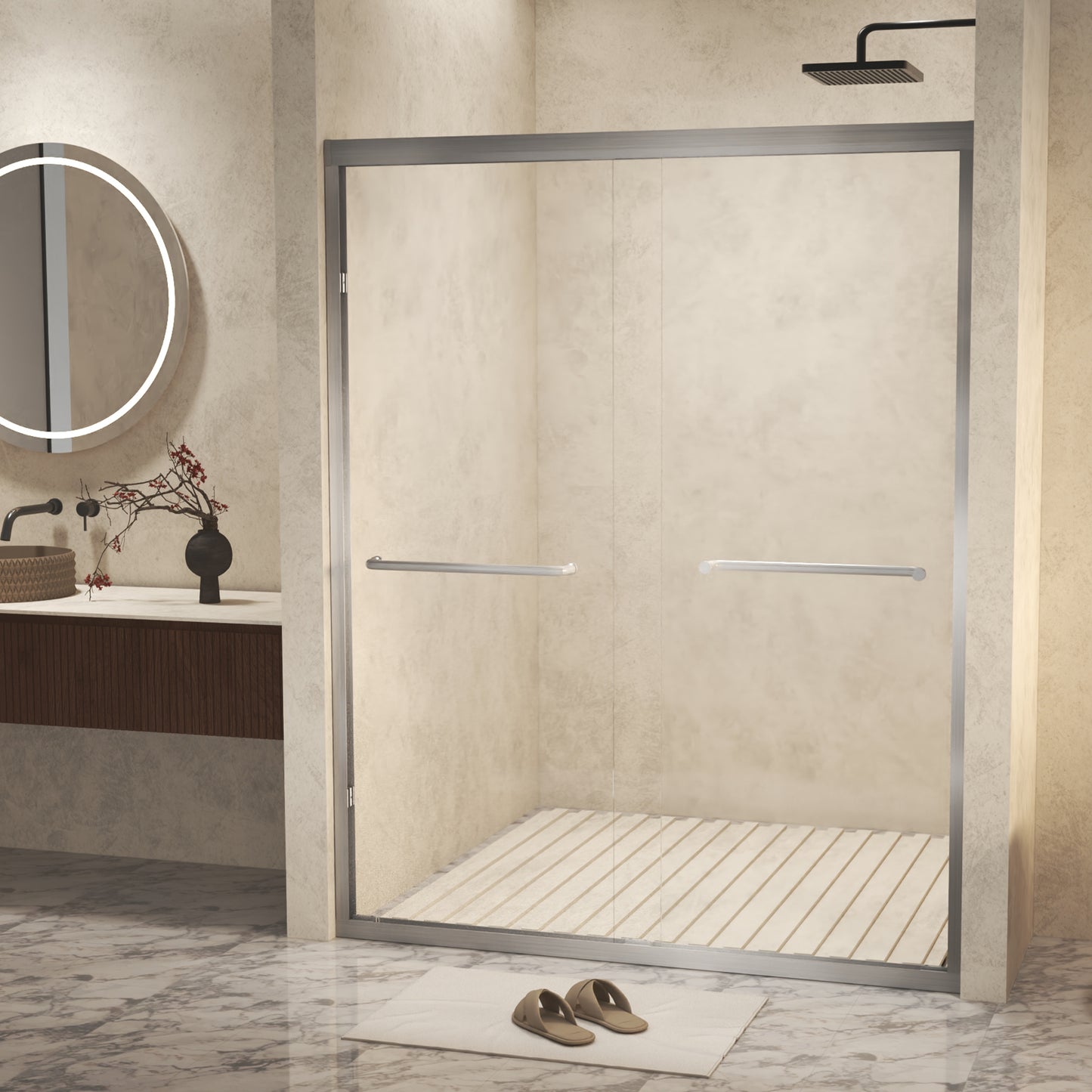 PAPROOS 44"-48" W x 72" H Framed Double Sliding Shower Door, Modern Tub Door with 1/4” (6 mm) Clear Tempered Glass, Bathtub Door with Stainless Steel Handle, SGCC Certified, Brushed Nickel