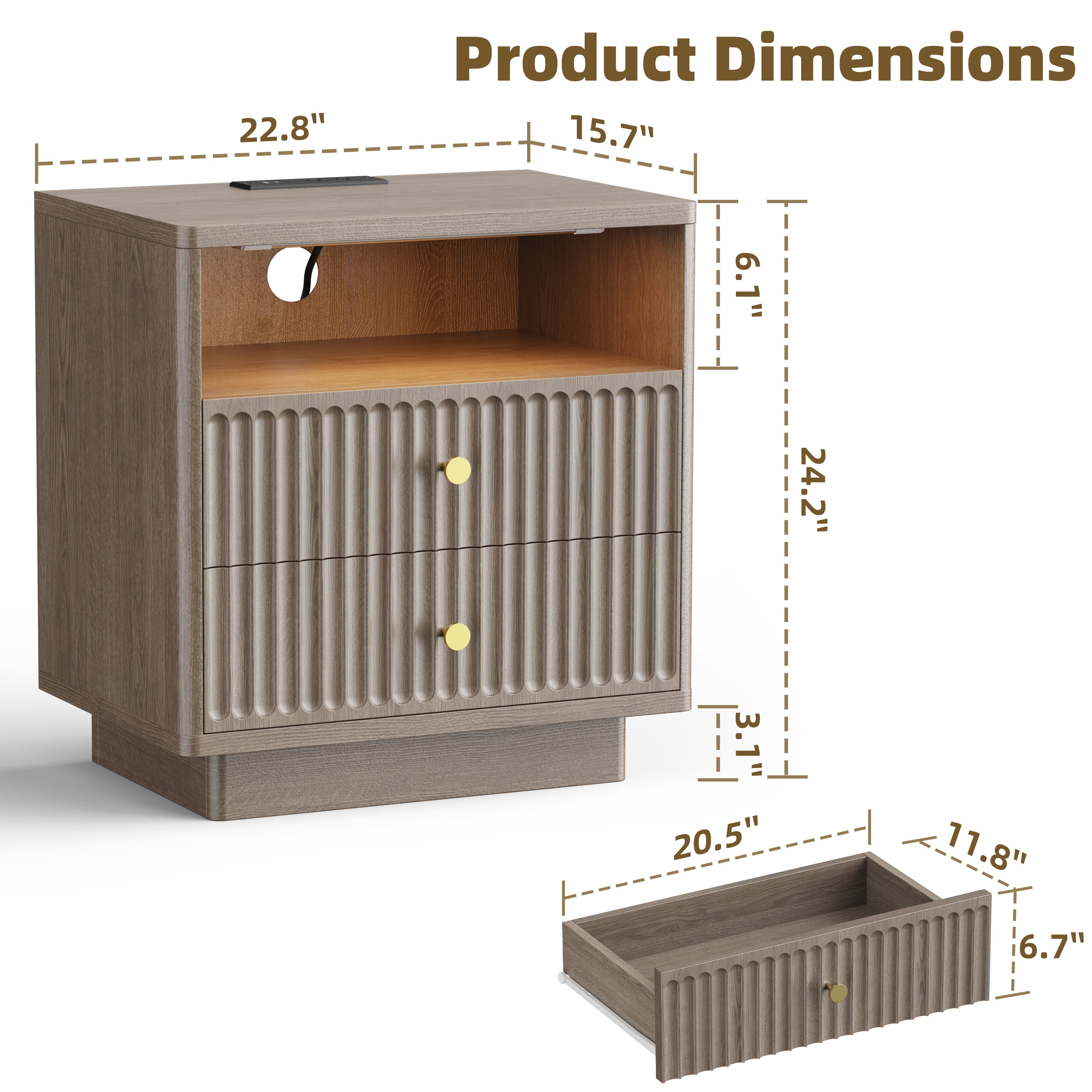 Fluted Nightstand with Charging Station
