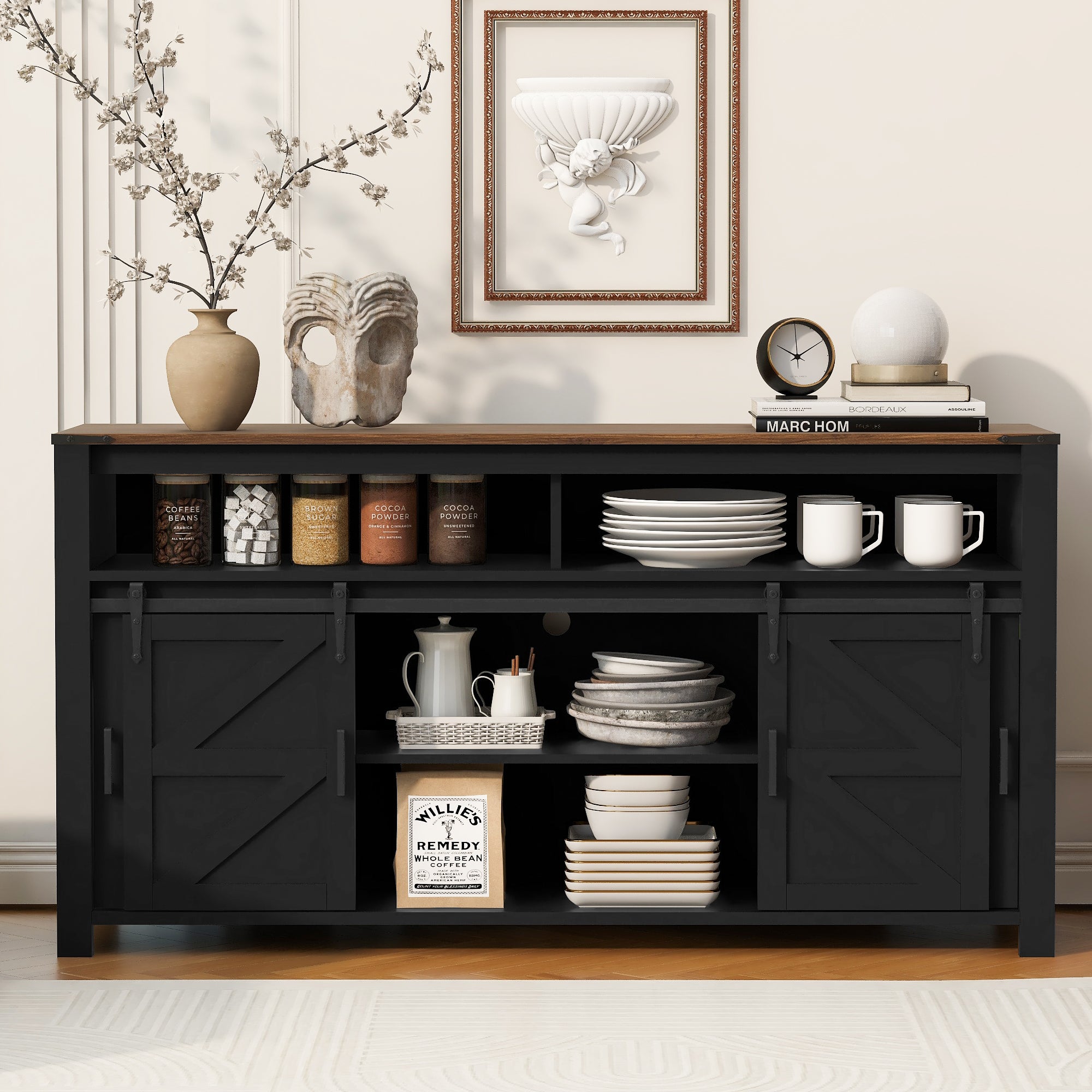 Paproos Sideboard Buffet Cabinet, Wood Buffet Cabinet with Open Storage, Farmhouse Kitchen Storage Cupboard with Sliding Barn Door and Mesh Panels for Living Room, Hallway, Dining Room, White