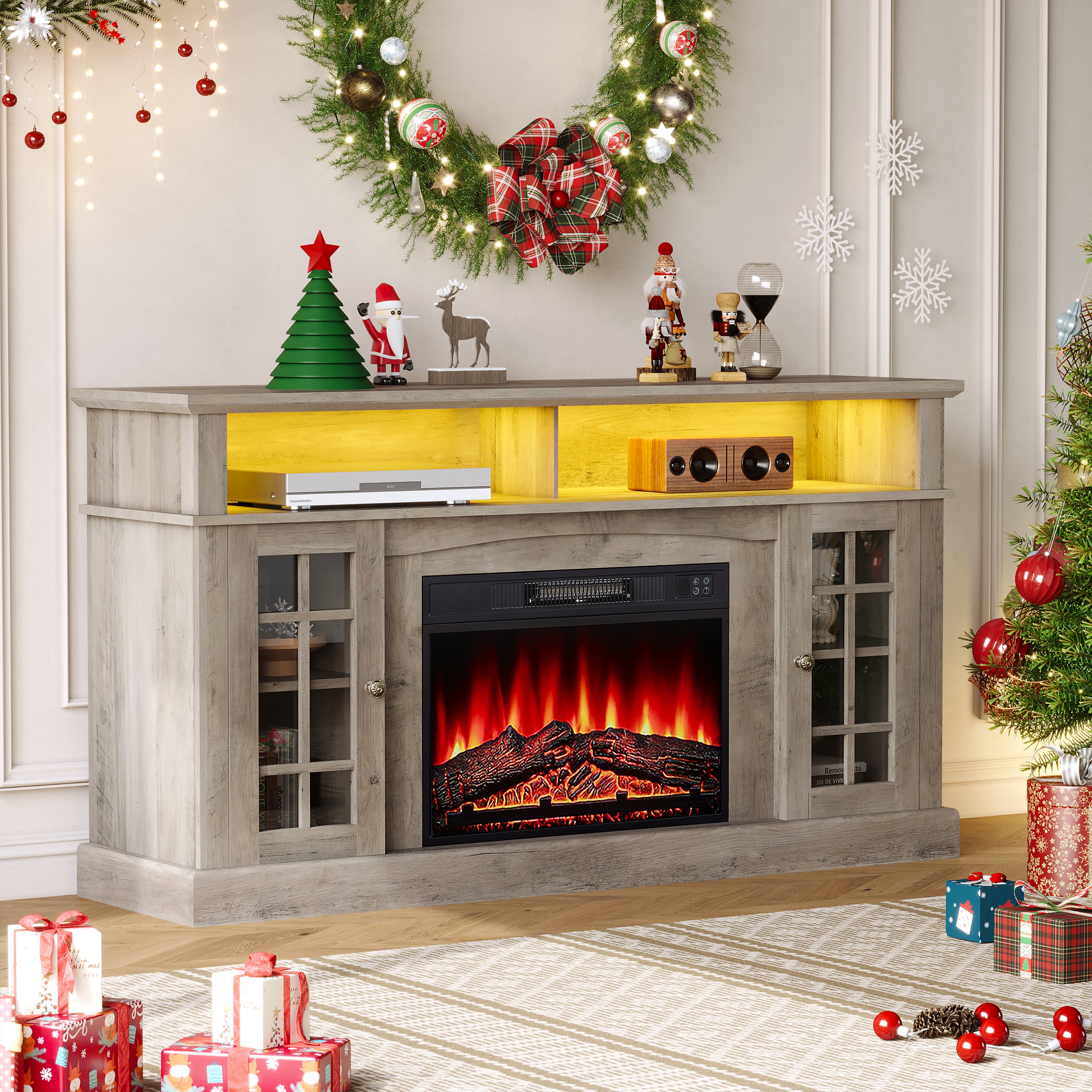 Fireplace TV Stand for 65 Inch TV, 1400w Farmhouse Electric TV Stand with Fireplace, Fireplace Entertainment Center with Remote Control for Living Room, Brown
