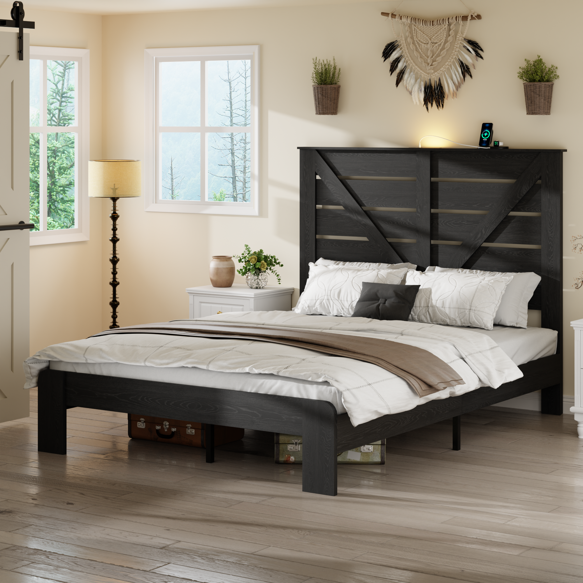 PAPROOS Queen Bed Frame with Headboard, Farmhouse Queen Bed with Charging Station and Touch Lamp, Wood Platform Bed with Metal Slats, No Box Spring Needed, Noise Free