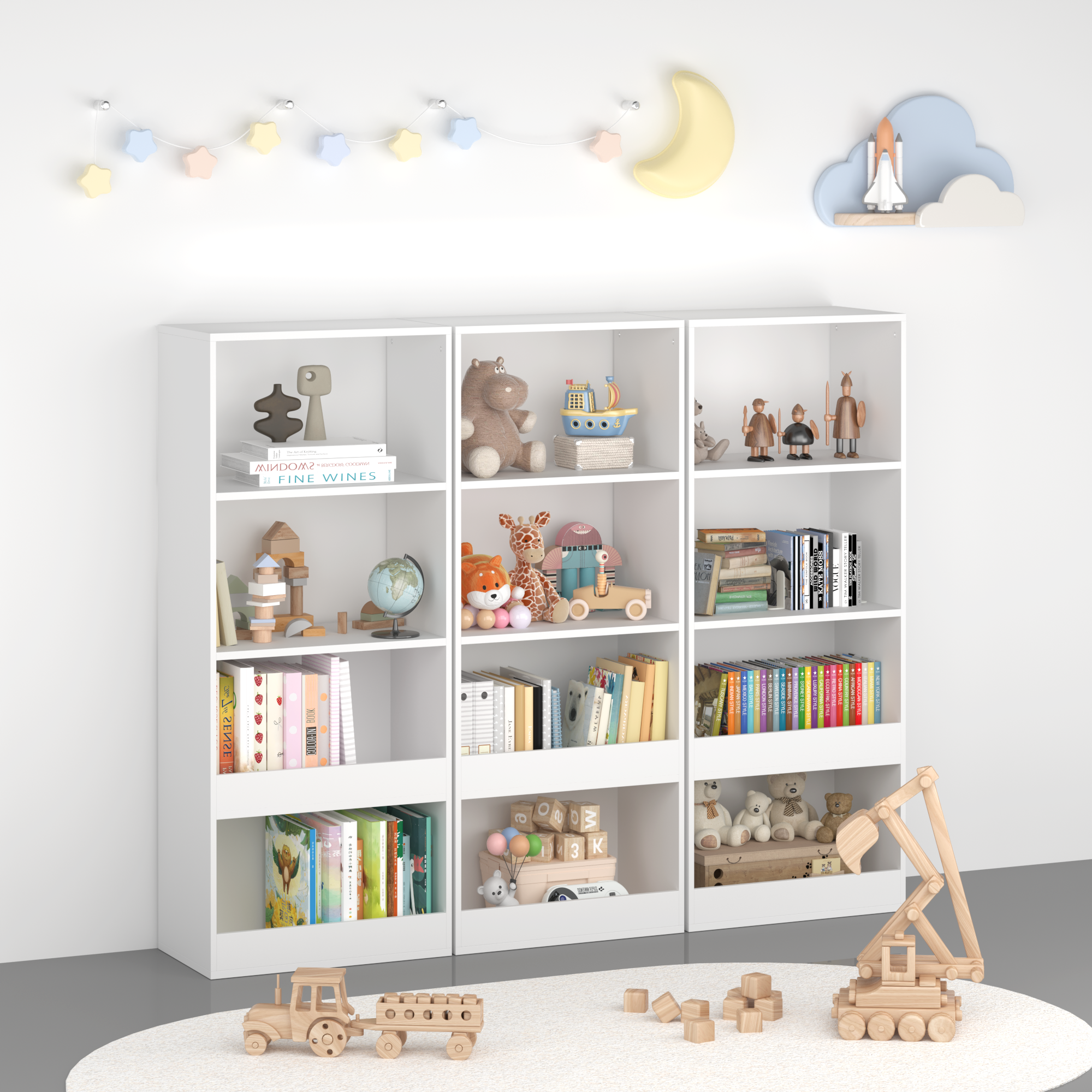 4 Tier Kids Bookshelf, Wood Bookshelf for Kids, Modern Kids Book Rack, Toy Storage Organizer for Playroom, Bedroom, Classroom, White