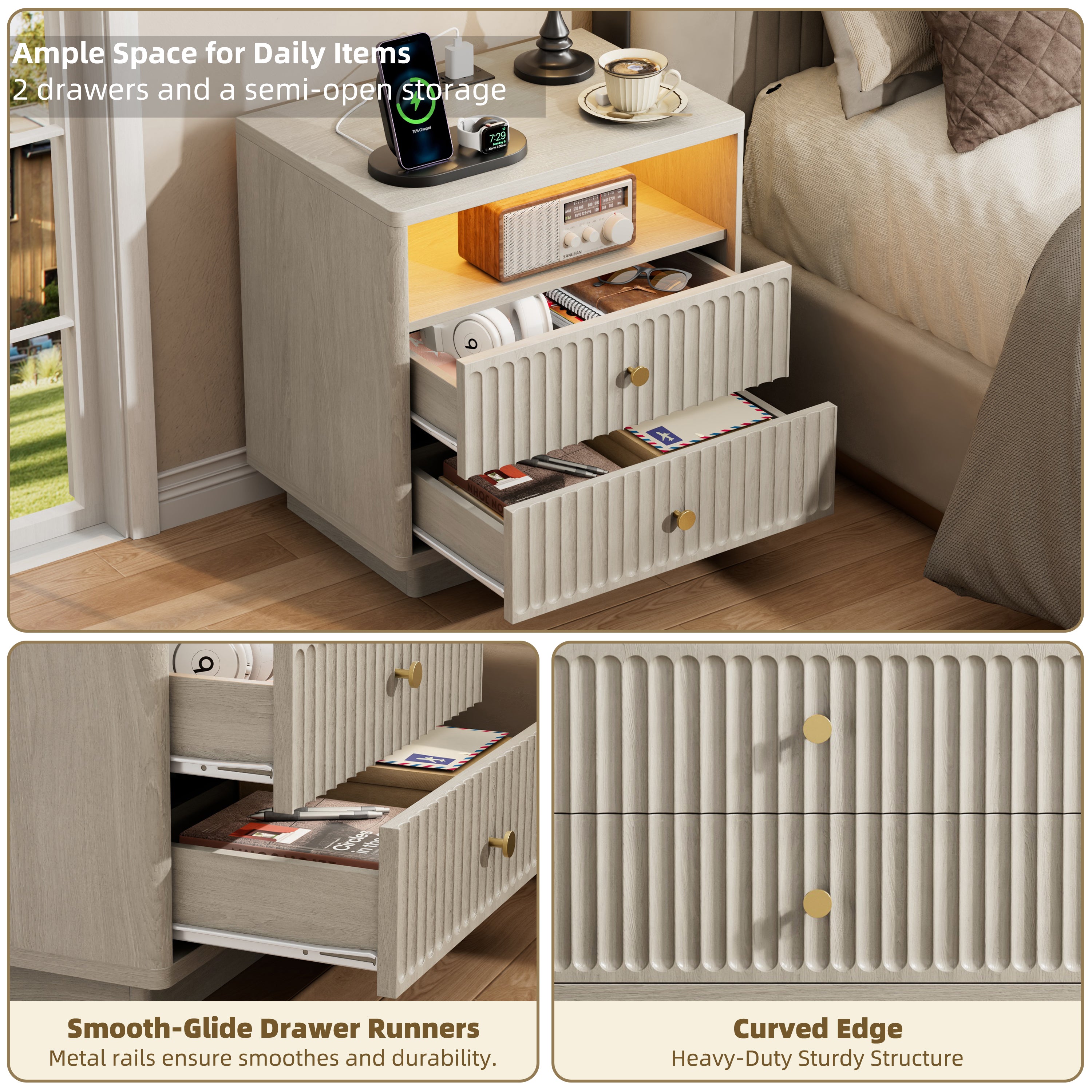 Fluted Nightstand with Charging Station