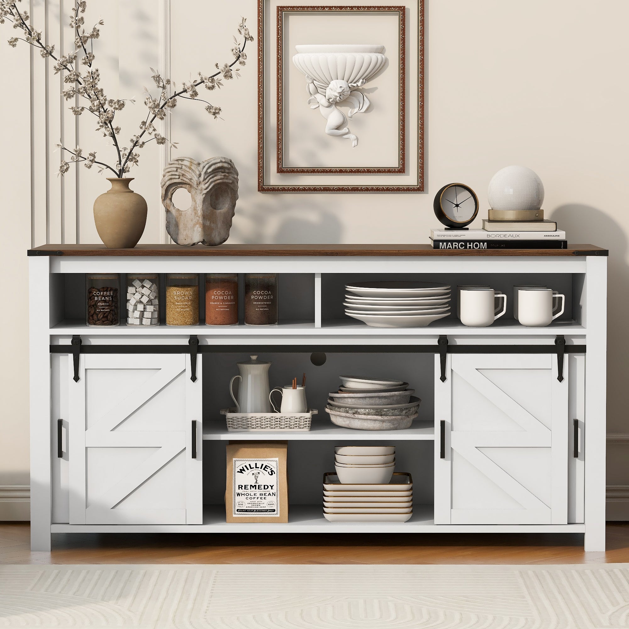 Paproos Sideboard Buffet Cabinet, Wood Buffet Cabinet with Open Storage, Farmhouse Kitchen Storage Cupboard with Sliding Barn Door and Mesh Panels for Living Room, Hallway, Dining Room, White