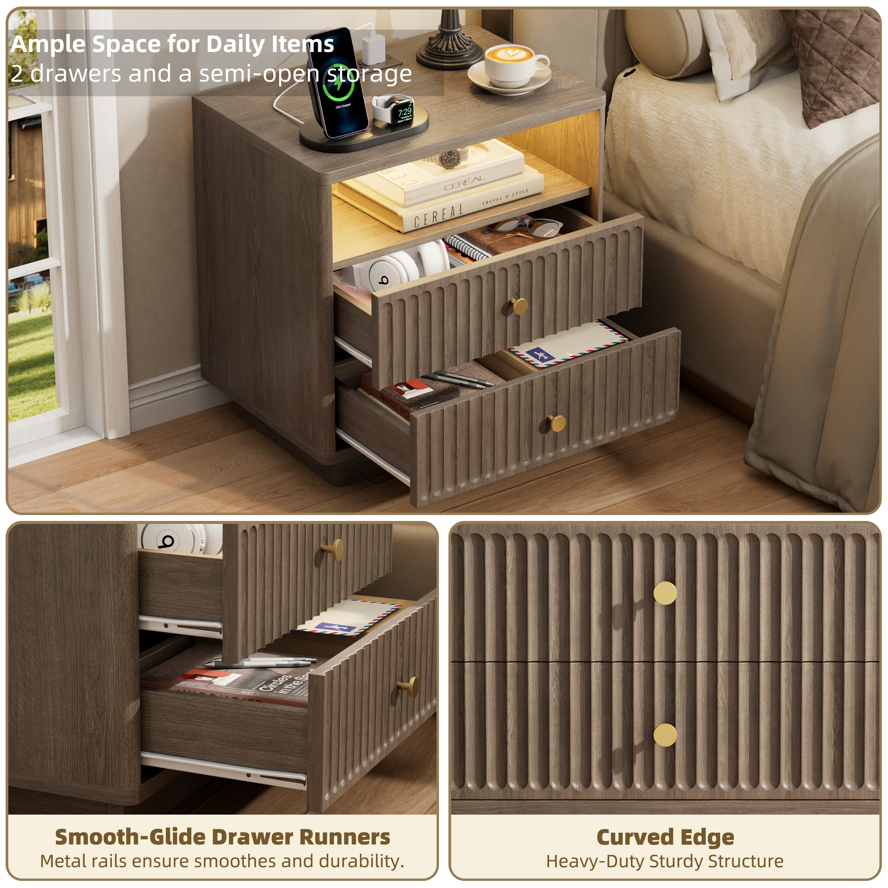 Fluted Nightstand with Charging Station