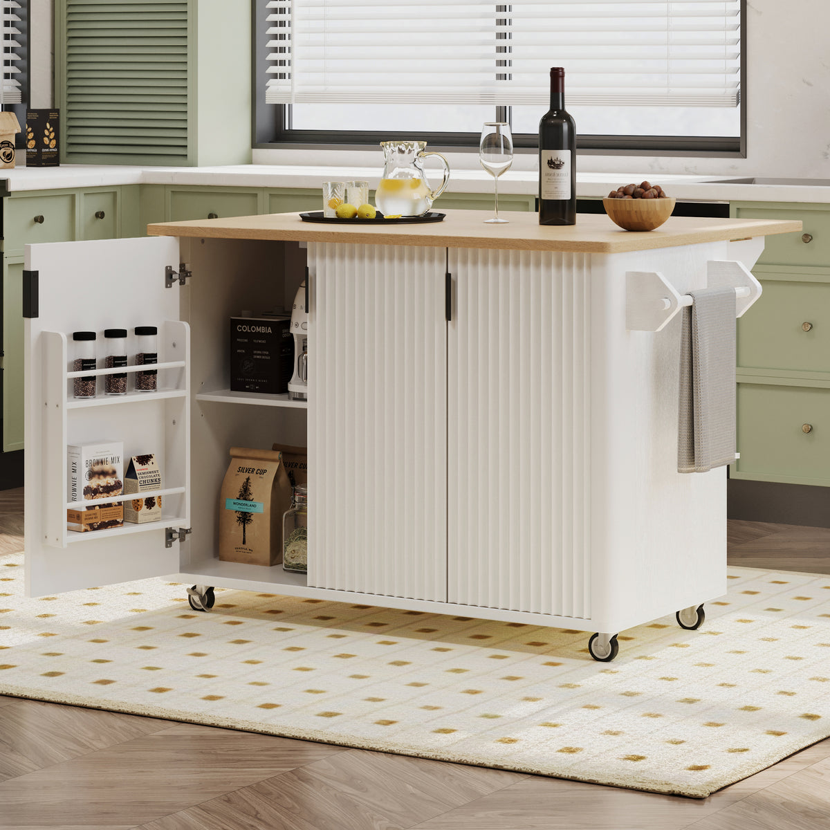 Kitchen Island with Storage, PAPROOS 51" Rolling Kitchen Cart with Drop Leaf & Solid Wood Top, Portable Kitchen Island with Spice Rack & Towel Bar for Kitchen Dining Room