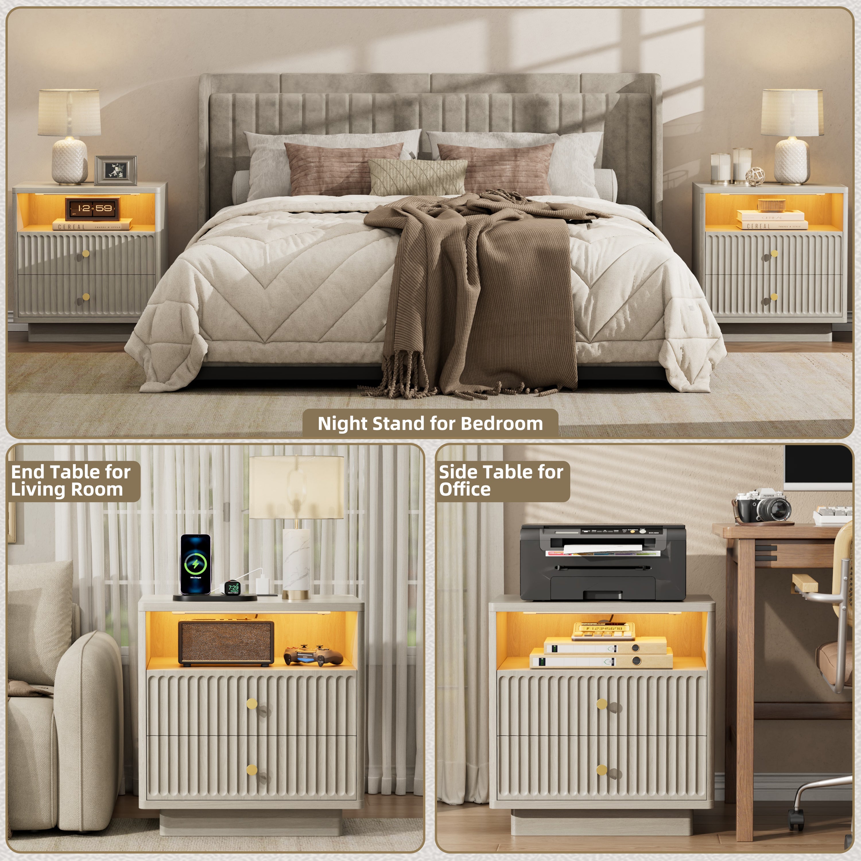 Fluted Nightstand with Charging Station