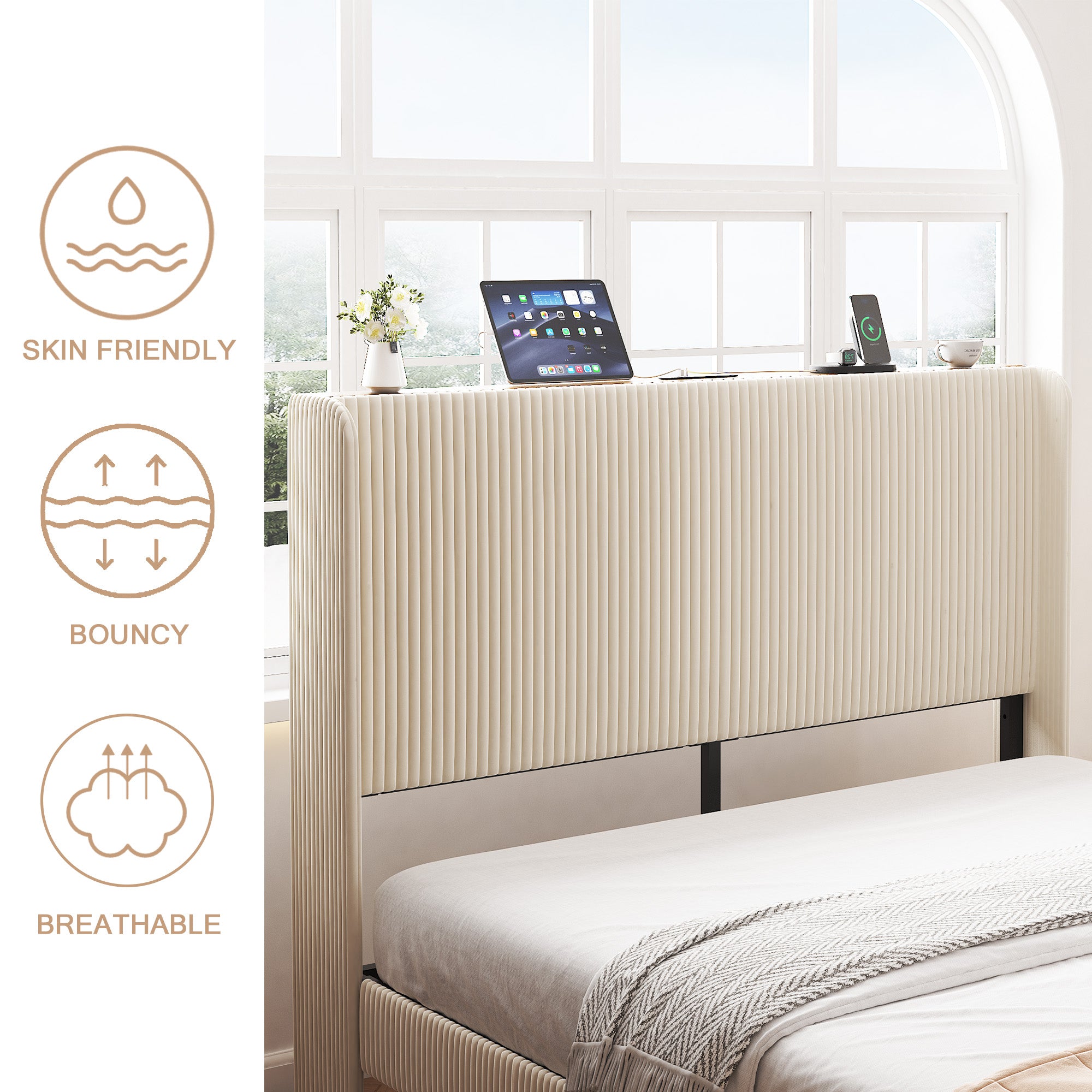 PAPROOS Queen Bed Frame, Queen Bed with Charging Station, LED Light Strip, Upholstered Headboard, Metal Platform Bed with Under Bed Storage, No Box Spring Needed