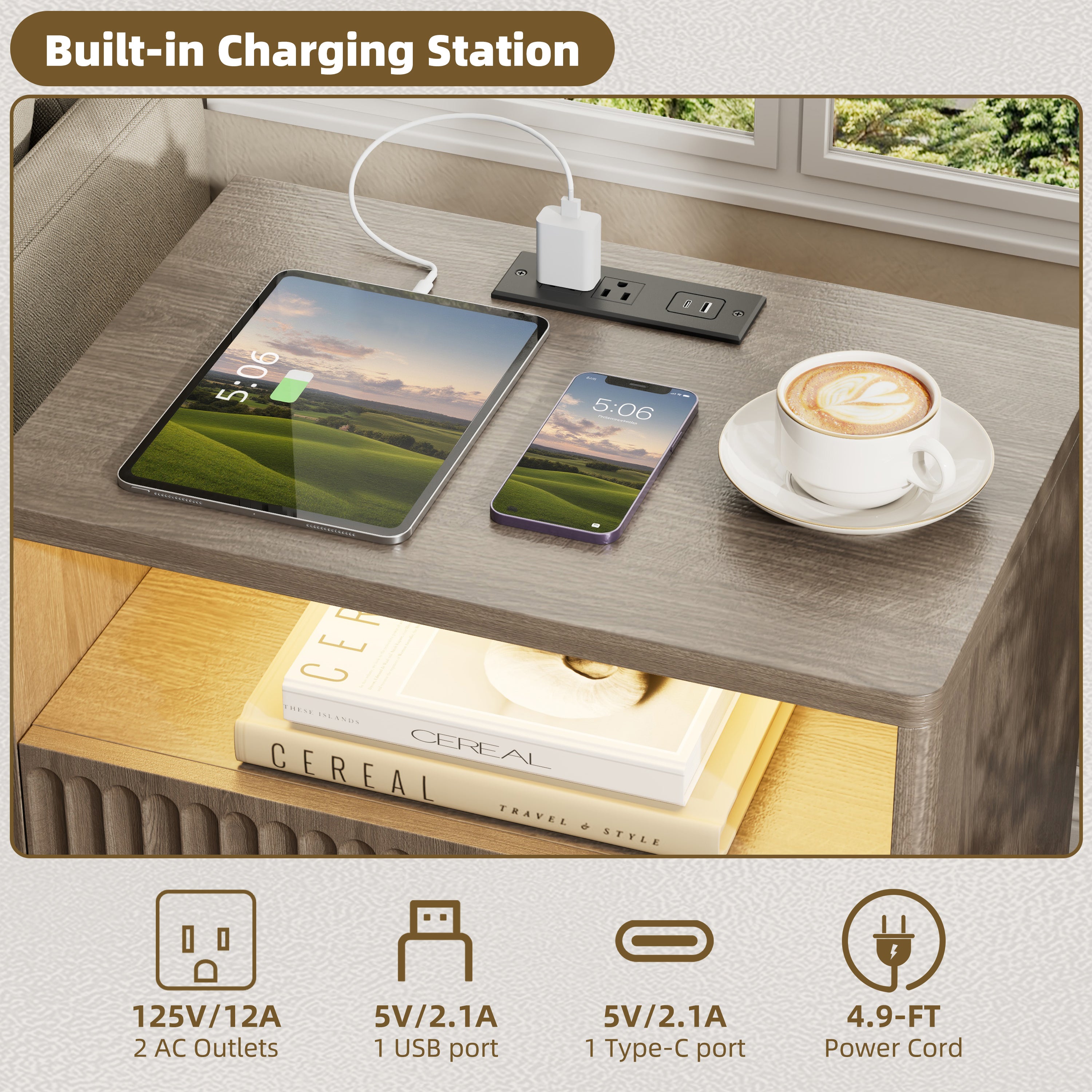 Fluted Nightstand with Charging Station