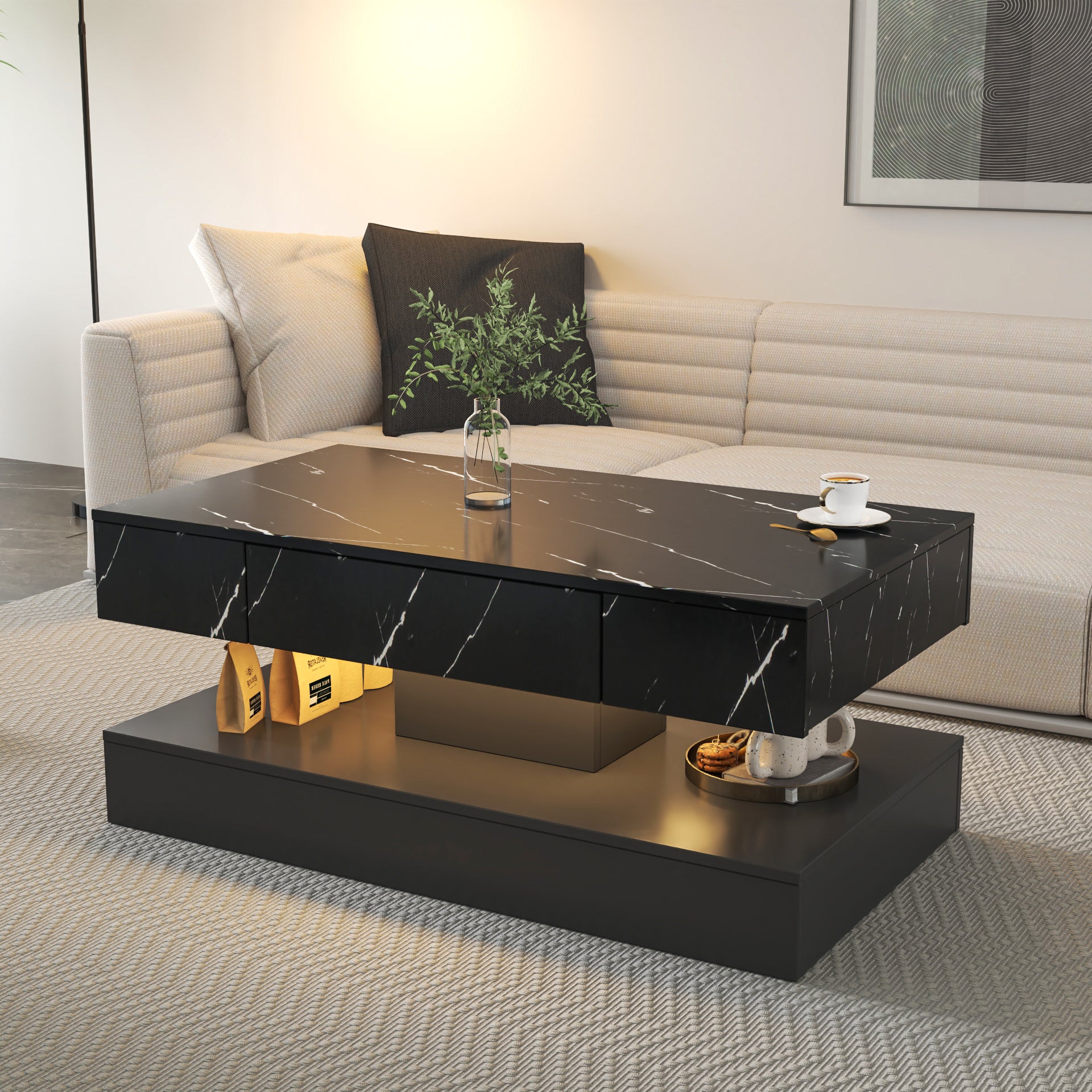 PAPROOS LED Black Coffee Table 39" with 2 Drawers & Open Shelf – Modern High Gloss Center Table with Storage, Large Rectangle Living Room Coffee Table with Marble Print